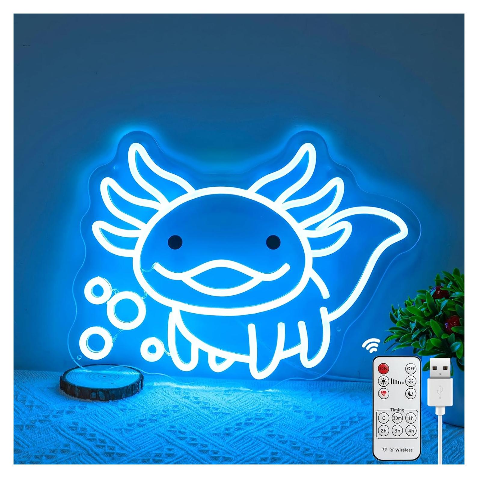 Luz de Neón Axolotl Azul Hielo LED con Control Remoto