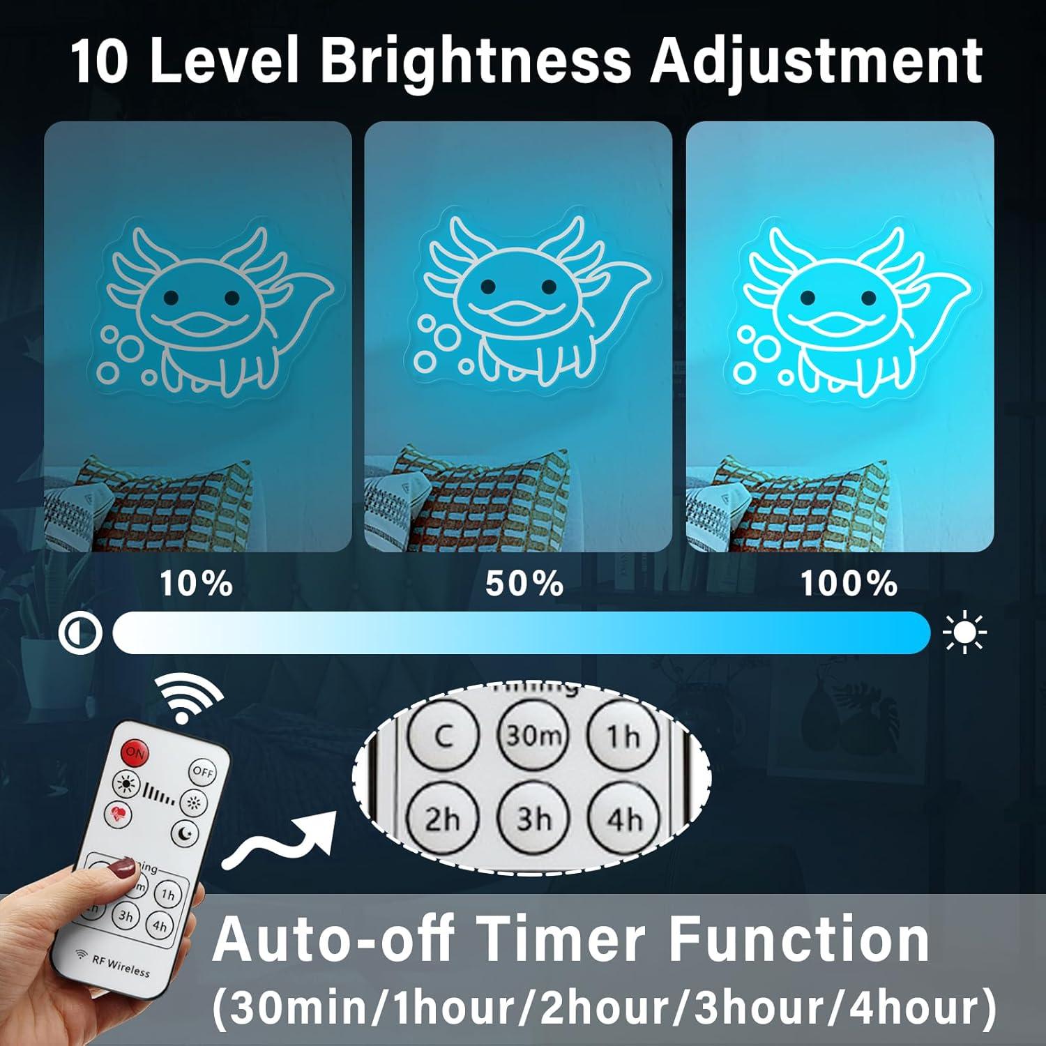 Luz de Neón Axolotl Azul Hielo LED con Control Remoto