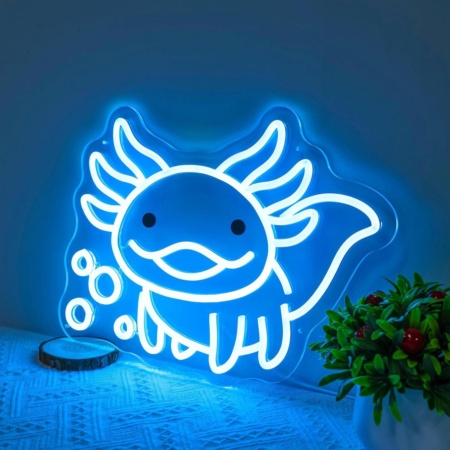 Luz de Neón Axolotl Azul Hielo LED con Control Remoto