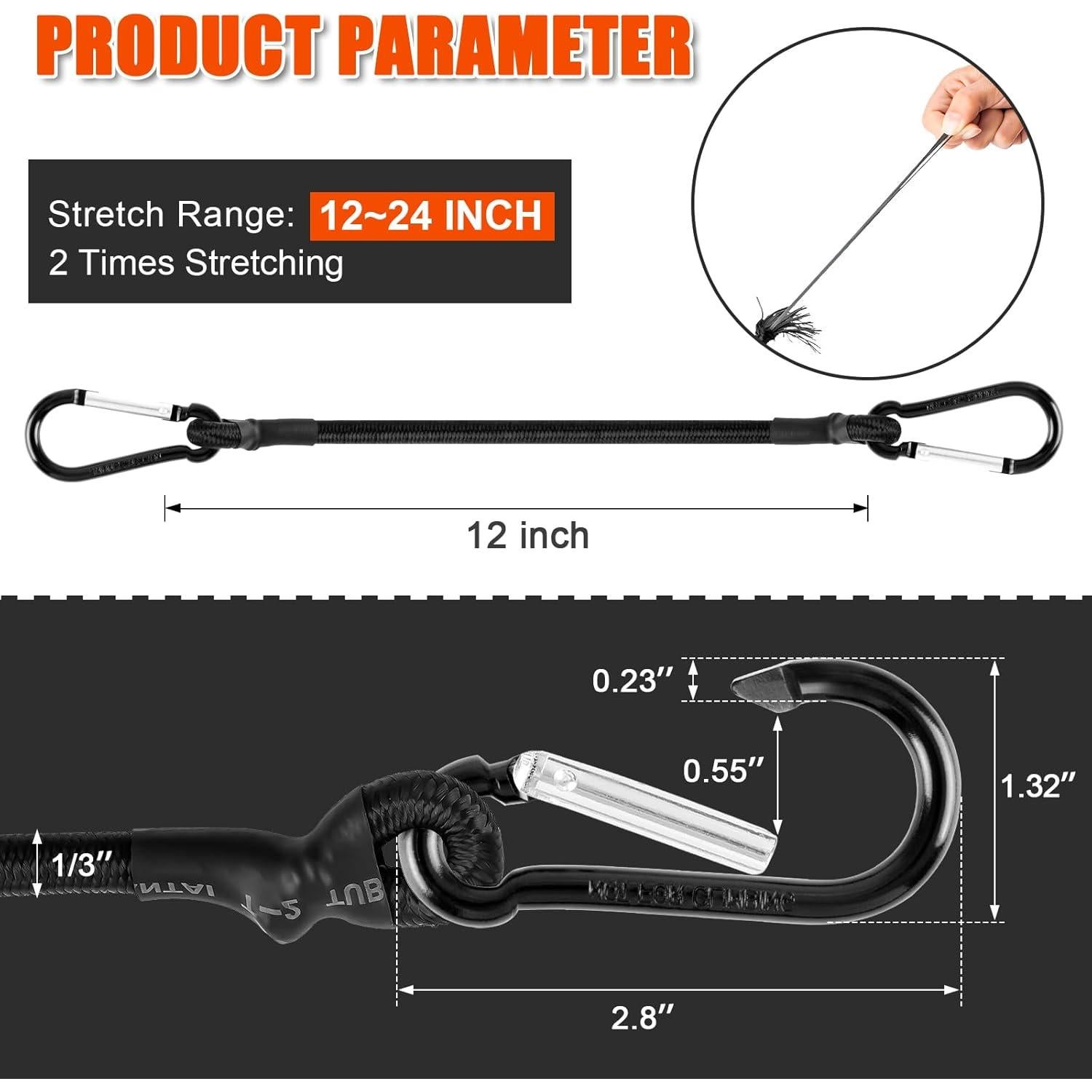 Cuerda Elástica Kinzomor 30 cm con Ganchos Carabiner - Paquete de 6