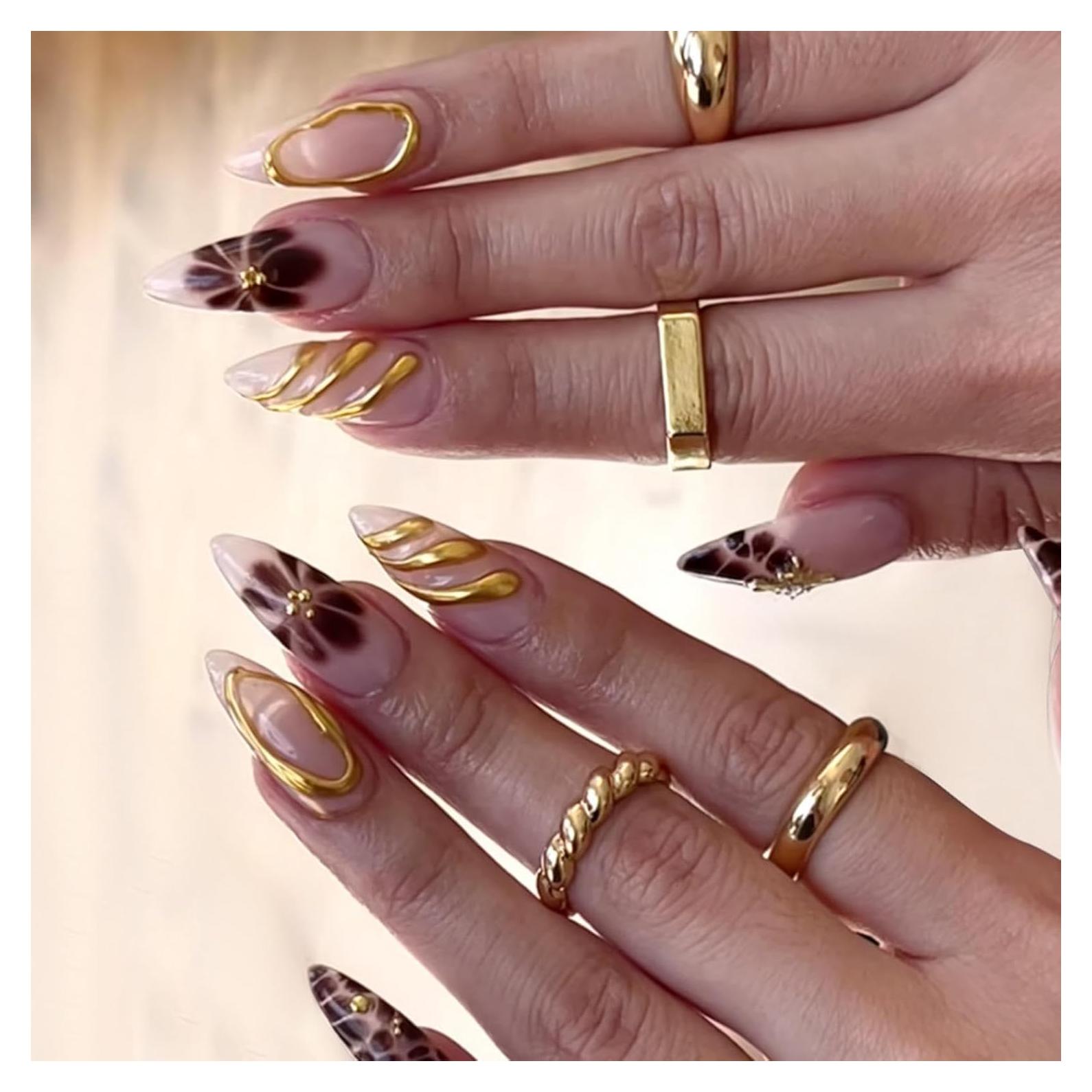 Uñas Postizas Almendra Media NBNTGH 24 Pcs Flores Marrones