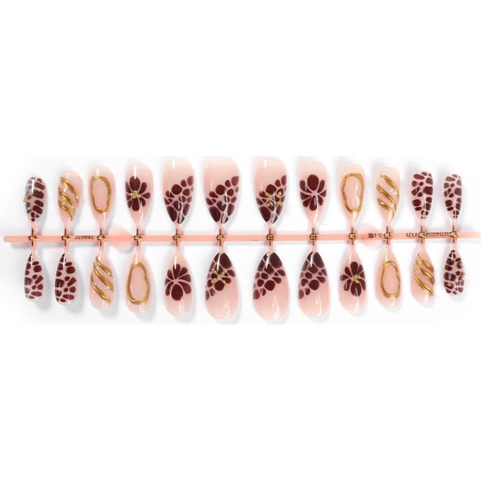 Uñas Postizas Almendra Media NBNTGH 24 Pcs Flores Marrones