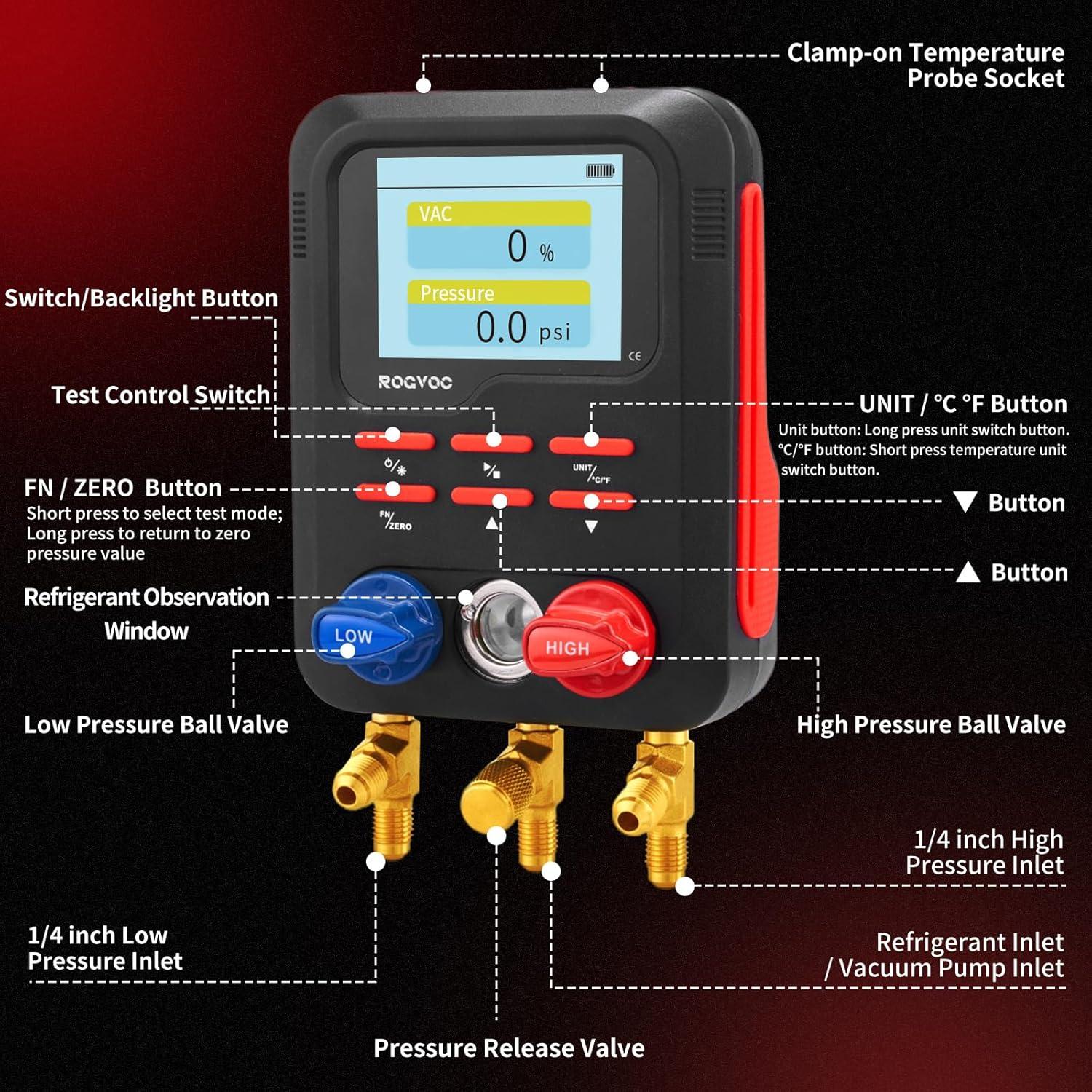 Manómetro Digital Rogvoc RMG4DB-BK con 3 Mangueras y Termómetros