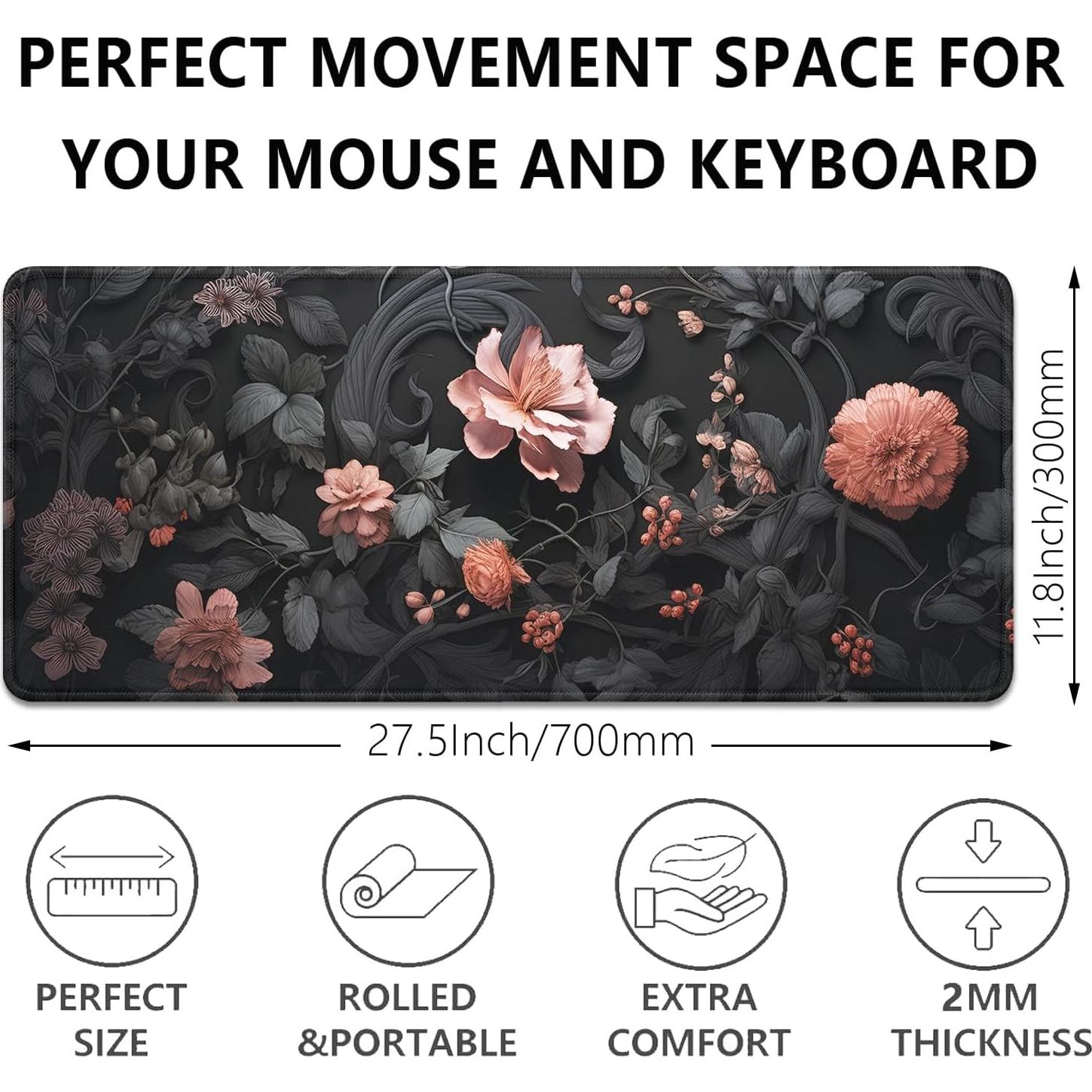 Alfombrilla de Ratón Grande LZVCTMO Floral Negra 69.85x29.97 cm