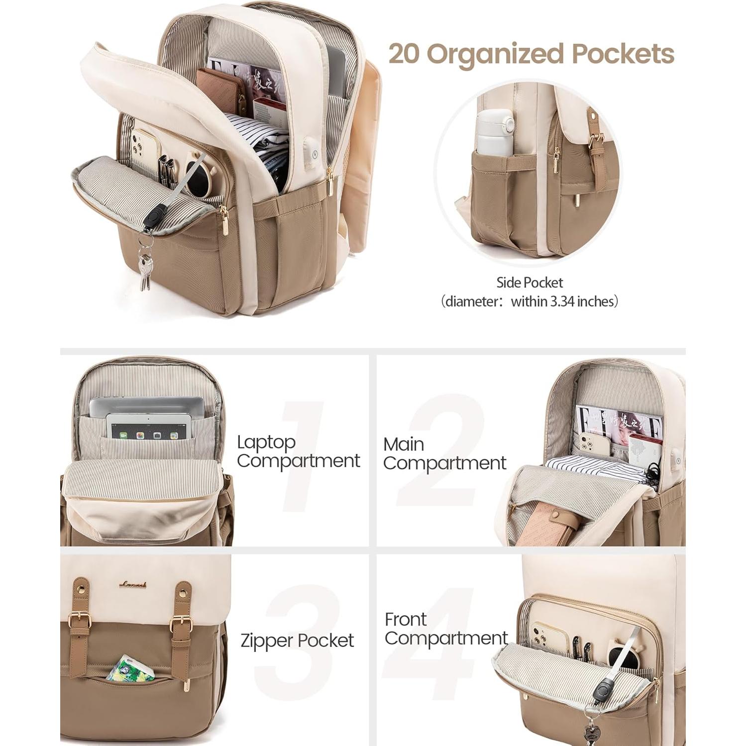 Mochila LOVEVOOK para Laptop 15.6" Beige y Café 23.2L