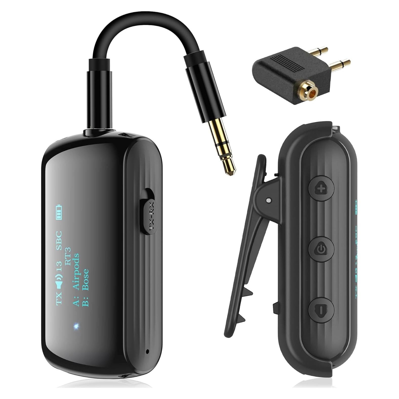 Bluetooth Transmitter Receiver for 2 AirPods/Headphones, Flight Bluetooth 5.2 Adapter for Airplane, TV, and Gym with a 3.5mm Audio Jack, Wireless BT Receiver with Mic for Car/Home Stereo