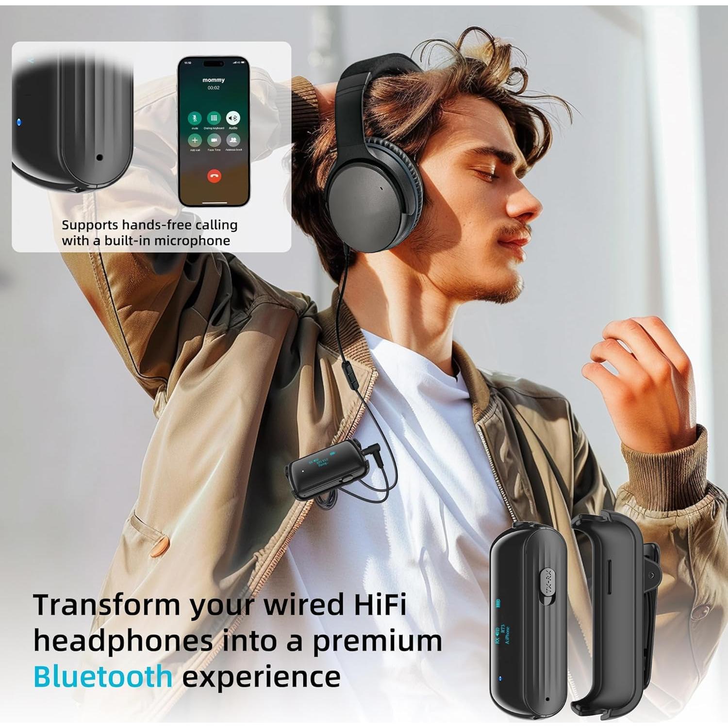 Bluetooth Transmitter Receiver for 2 AirPods/Headphones, Flight Bluetooth 5.2 Adapter for Airplane, TV, and Gym with a 3.5mm Audio Jack, Wireless BT Receiver with Mic for Car/Home Stereo