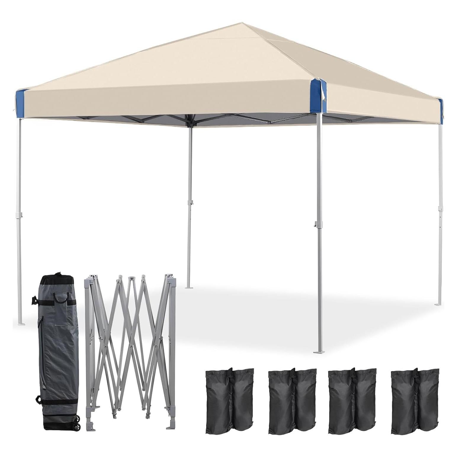 Aoodor 10x10 Ft Pop Up Canopy Tent,Water-Resistant 210D Oxford Fabric Portable Instant Shade, Easy Assembly Commercial Gazebo with Wheeled Carry Bag & 4 Sand Bags for Camping, Party, Khaki