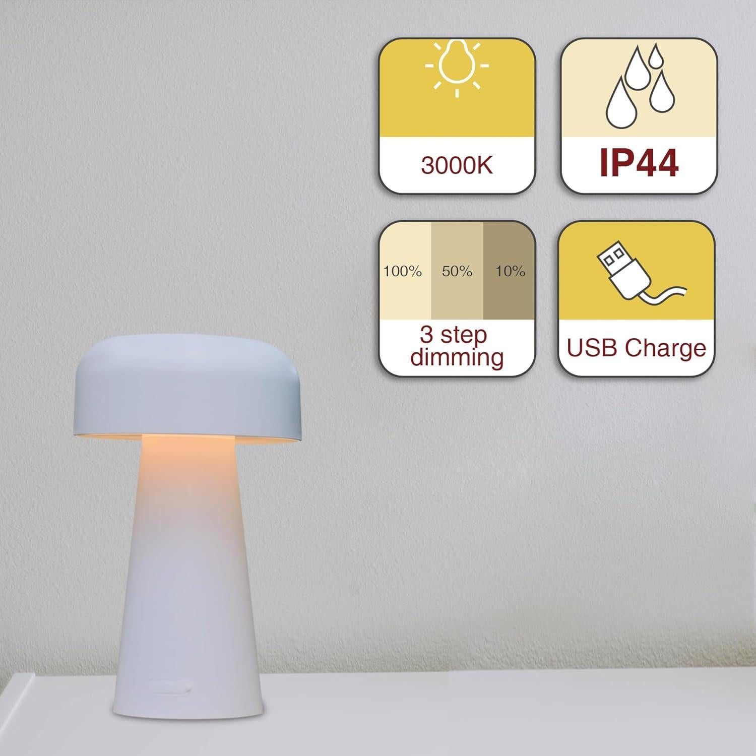 Lámpara de Mesa LED YONIKU Hongo Recargable IP44 Blanca