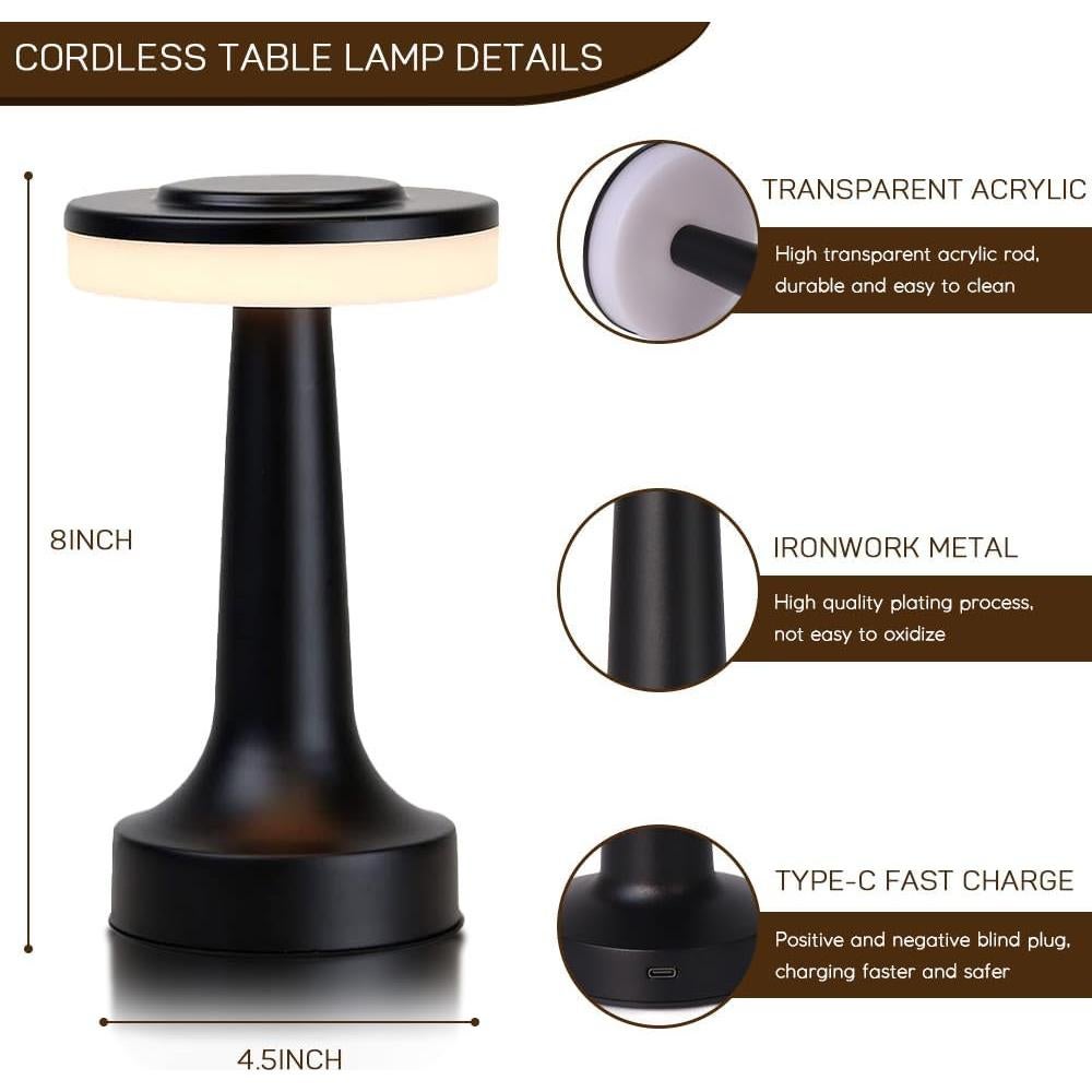 Lámpara de Mesa LED Inalámbrica JHPGEOE Negra 3 Colores