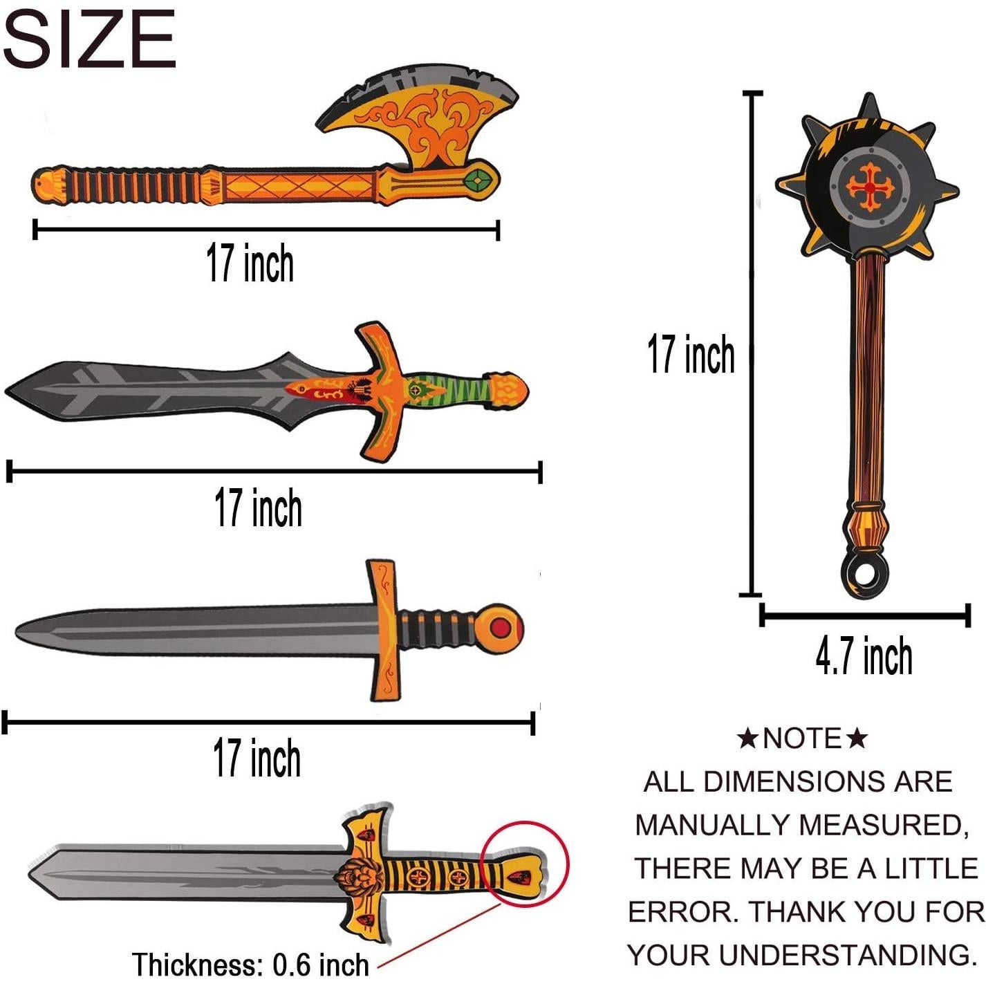 MLcnleS Foam Swords Weapons Toy for Boys - 17 inch Foam Sword Axe Hammer 5 Pack Set - Kids Ninja Toy Pretend Playset for Boys & Girls Present