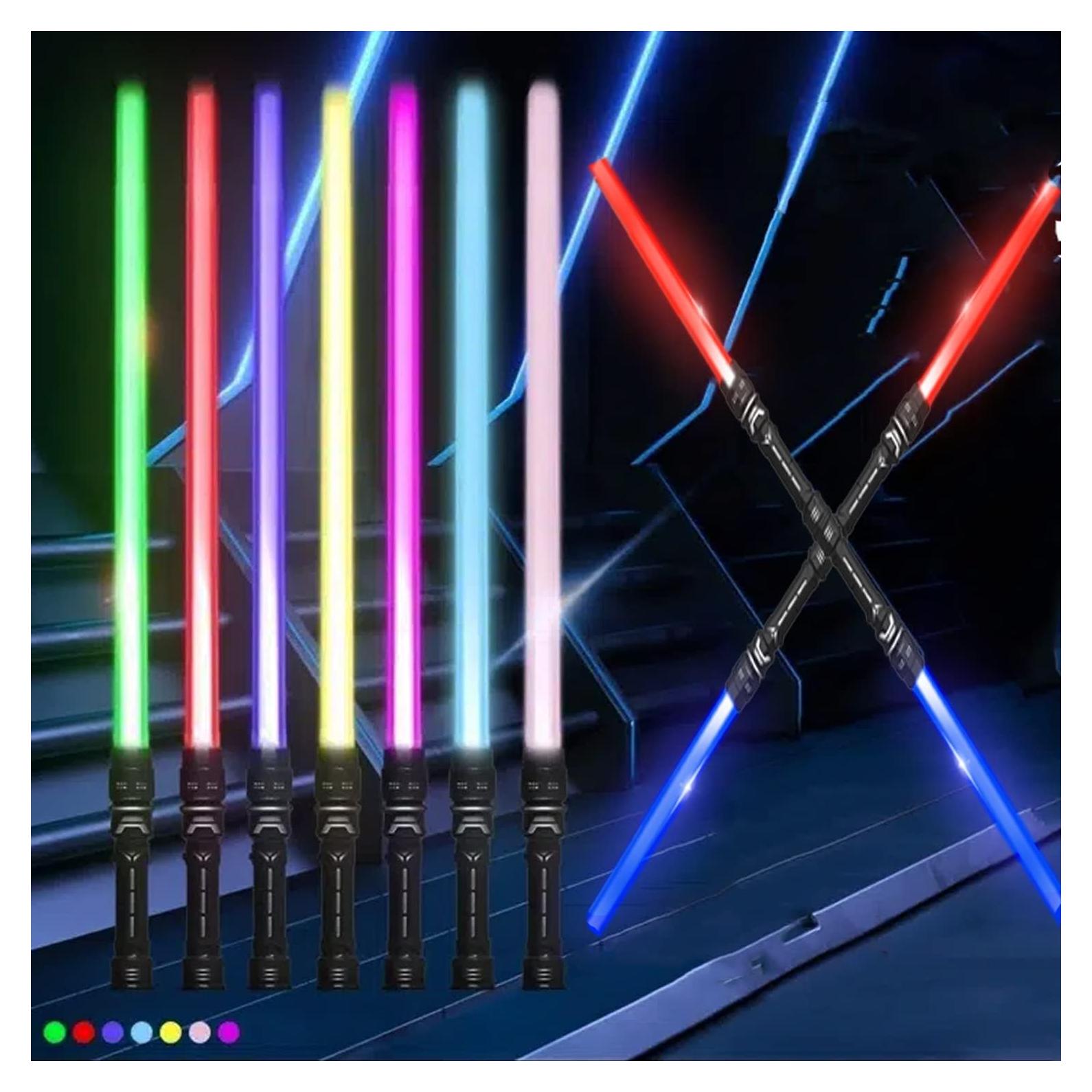2-In-1 Light Swords - 2 PCS LED Dual Swords with FX Sound & Telescopic Handle for Kid - 7 Colors Expandable Light Swords Set Galaxy War Fighters Warriors for Halloween Dress Up Parties Xmas Present…