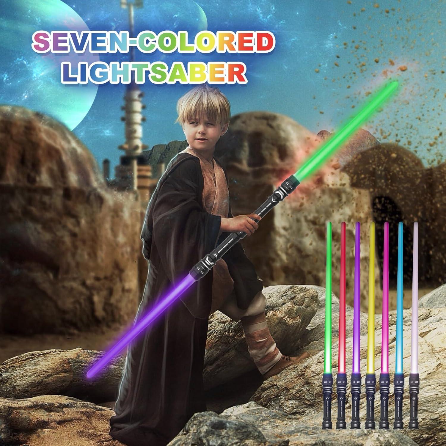 2-In-1 Light Swords - 2 PCS LED Dual Swords with FX Sound & Telescopic Handle for Kid - 7 Colors Expandable Light Swords Set Galaxy War Fighters Warriors for Halloween Dress Up Parties Xmas Present…