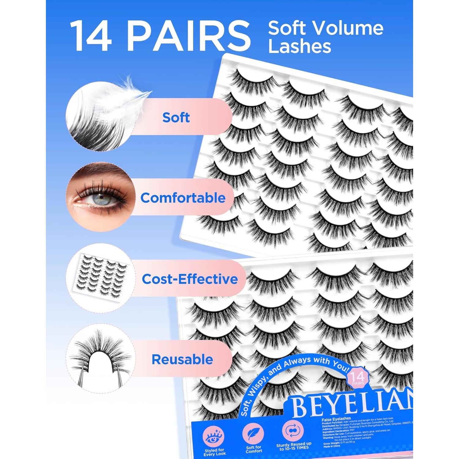 Pestañas Postizas BEYELIAN 14 Paquetes 12-18mm Suaves 3D