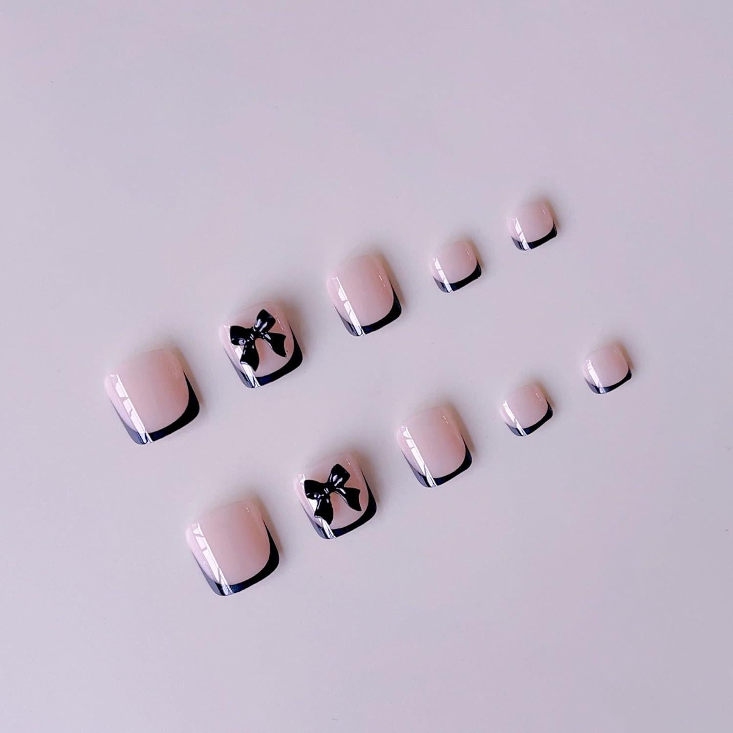 Uñas Postizas para Pies Punta Francesa Negra 24 Piezas