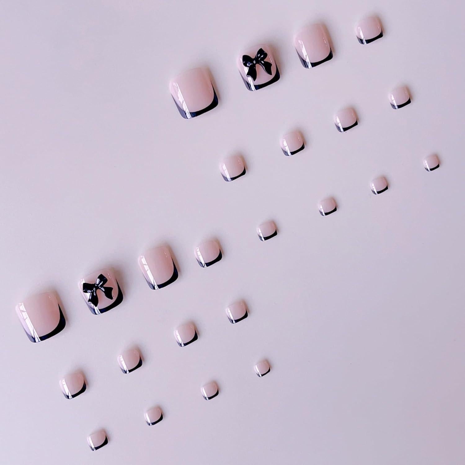 Uñas Postizas para Pies Punta Francesa Negra 24 Piezas