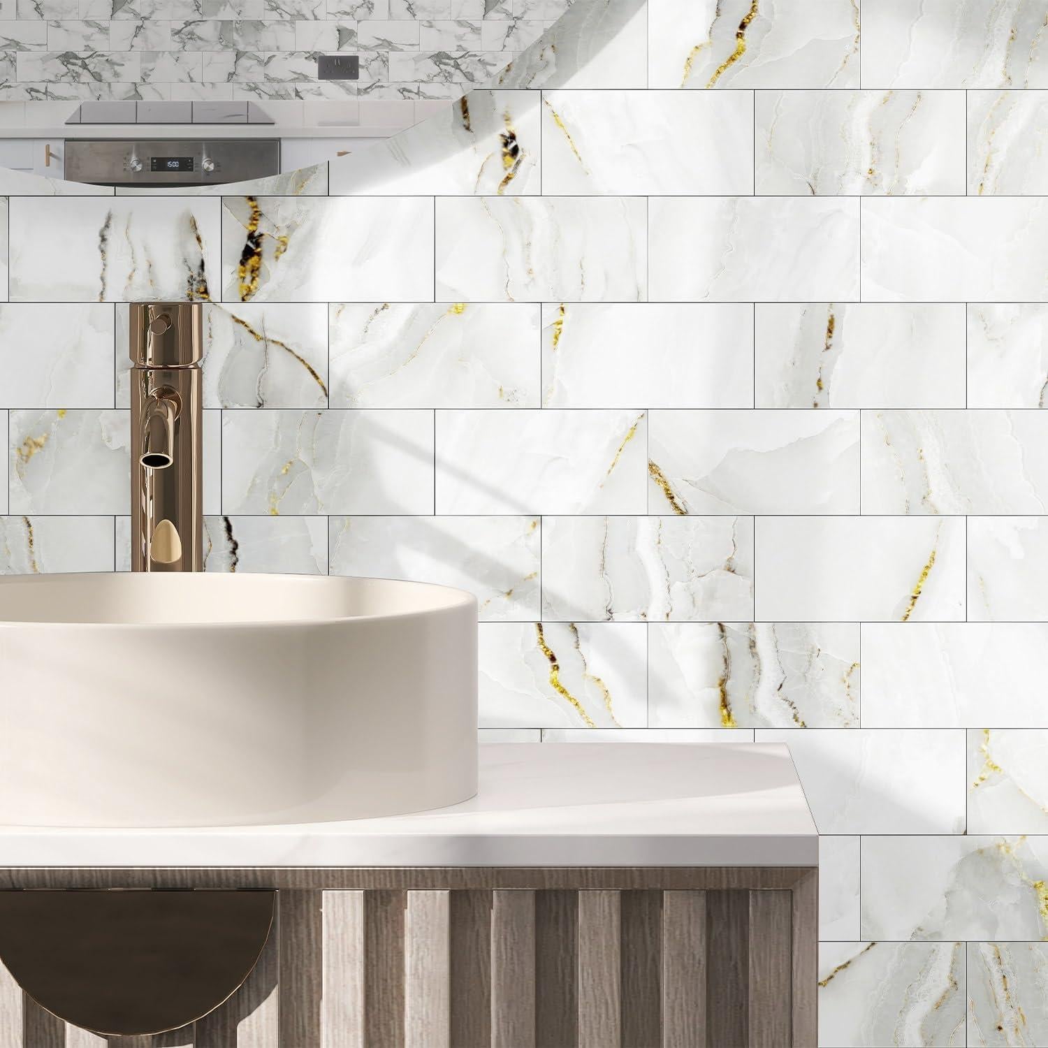 Paquete de 16 Azulejos Autoadhesivos Flicour 10x20 cm Blanco Dorado