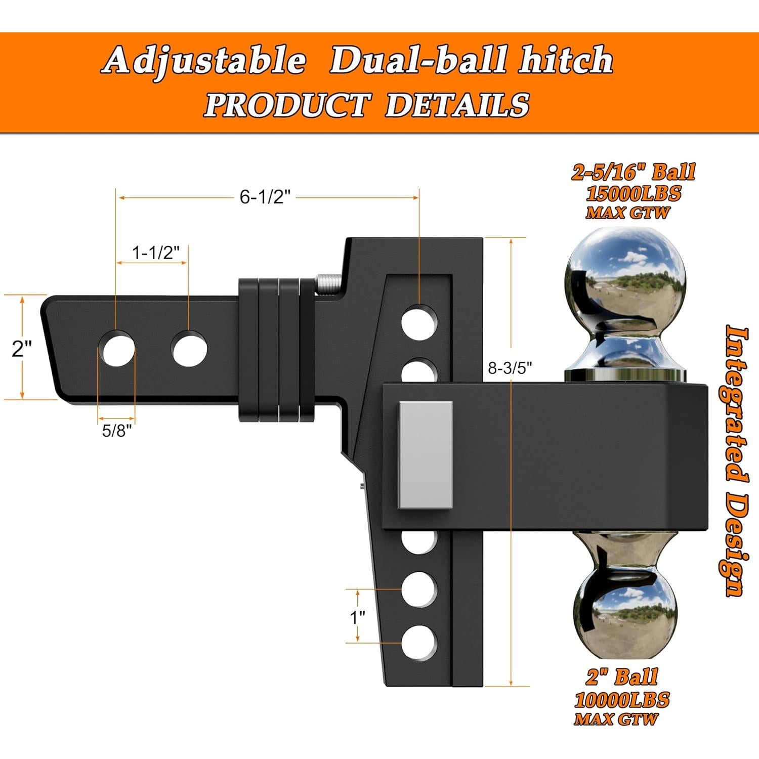 Enganche Ajustable Doble Bola VNN 6" para Receptor 2" 6803.89 kg