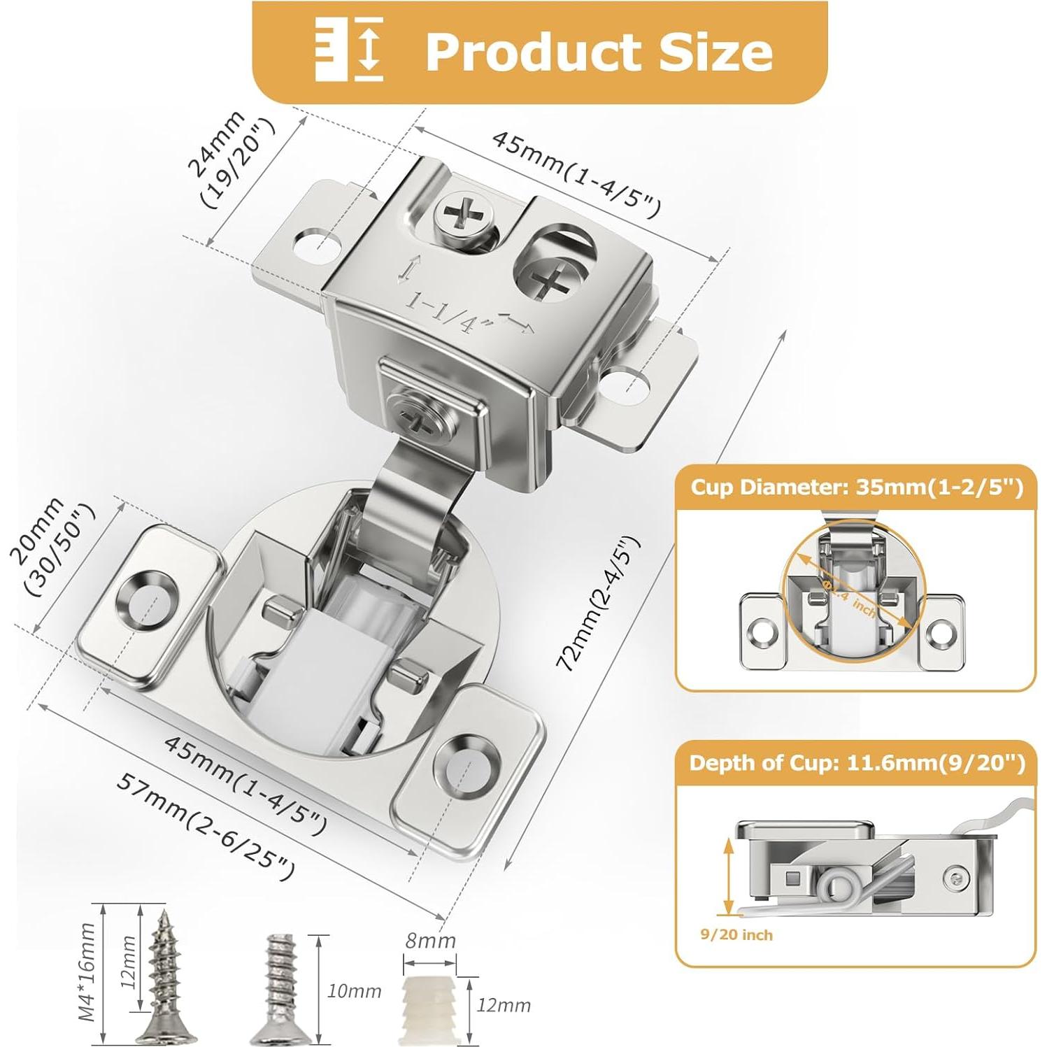 Bisagras de Gabinete FURNIWARE 10 Piezas Cierre Suave 1-1/4"