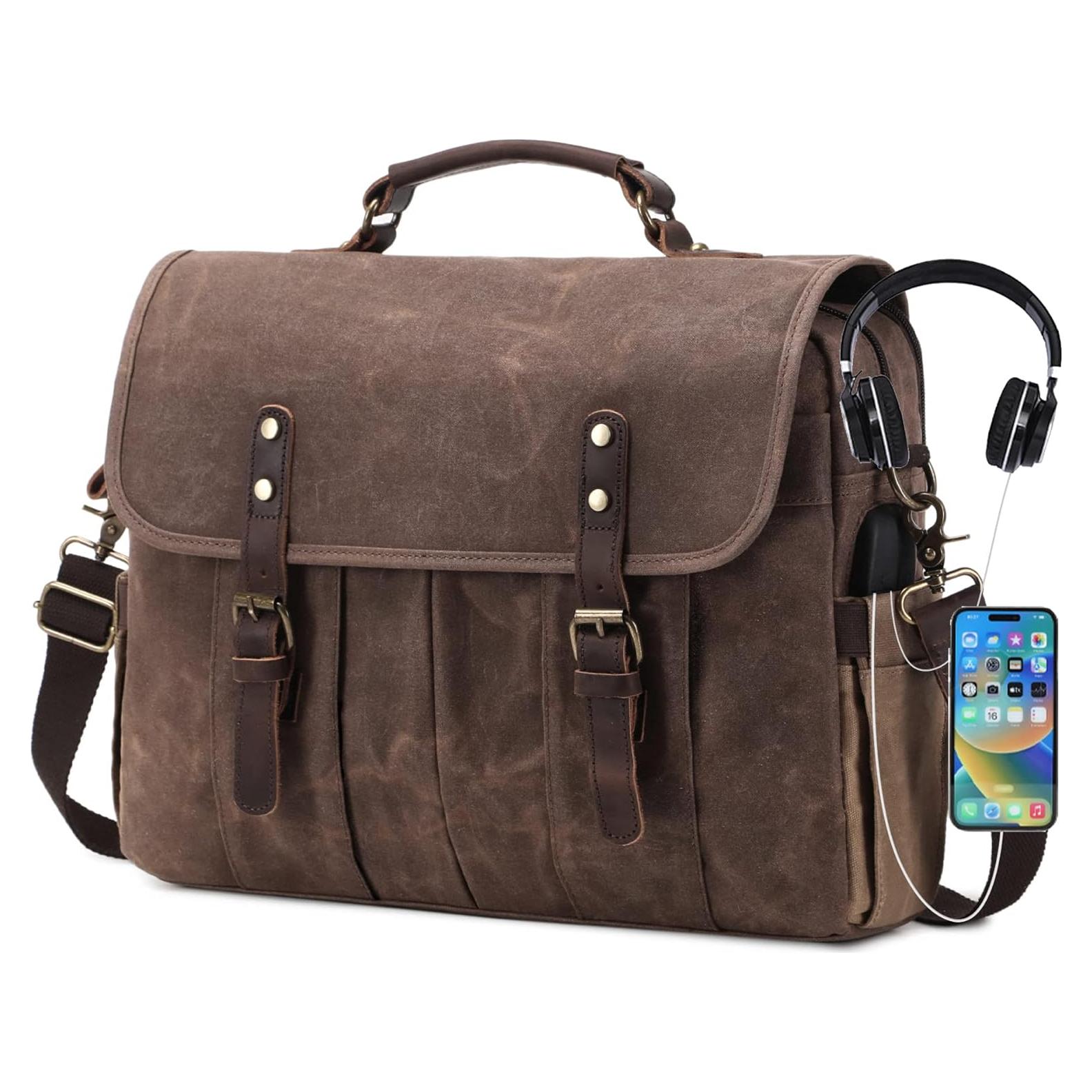 Bolsa Mensajera de Lona y Cuero Genuino para Laptop 15.6" Marrón