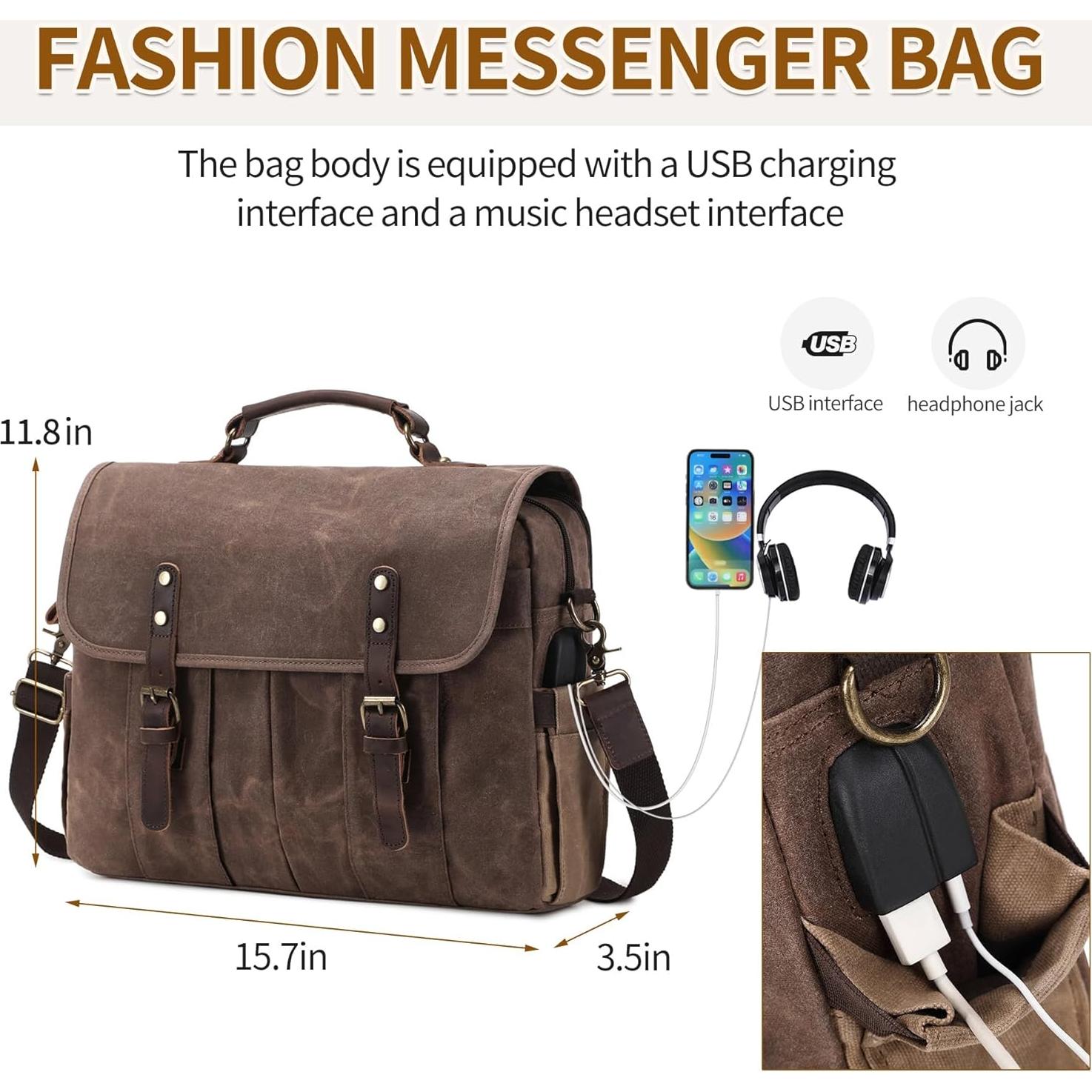 Bolsa Mensajera de Lona y Cuero Genuino para Laptop 15.6" Marrón