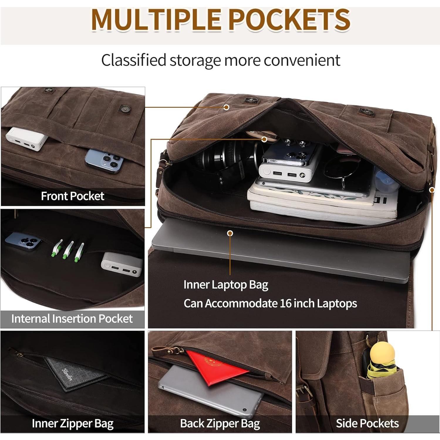 Bolsa Mensajera de Lona y Cuero Genuino para Laptop 15.6" Marrón