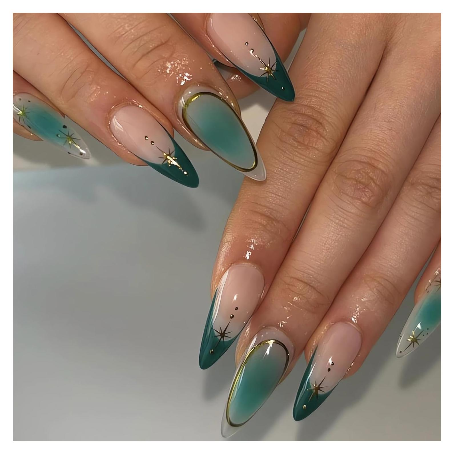 Uñas Postizas Almendra Media OHWODA 24 Piezas Cian Estrellas