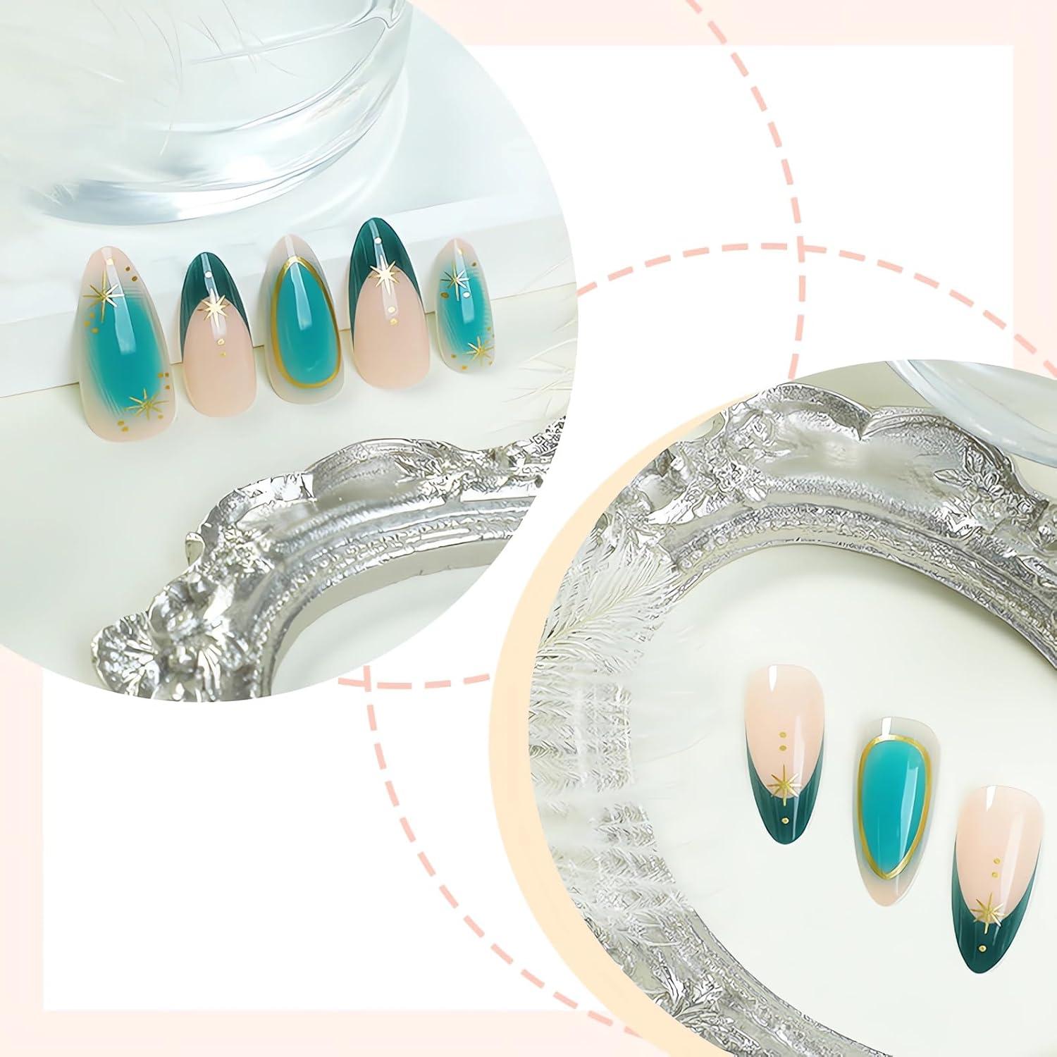 Uñas Postizas Almendra Media OHWODA 24 Piezas Cian Estrellas