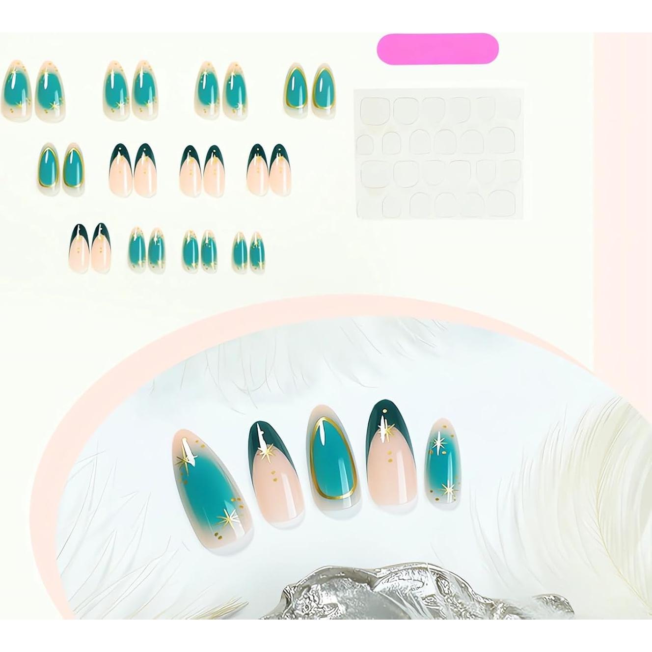 Uñas Postizas Almendra Media OHWODA 24 Piezas Cian Estrellas