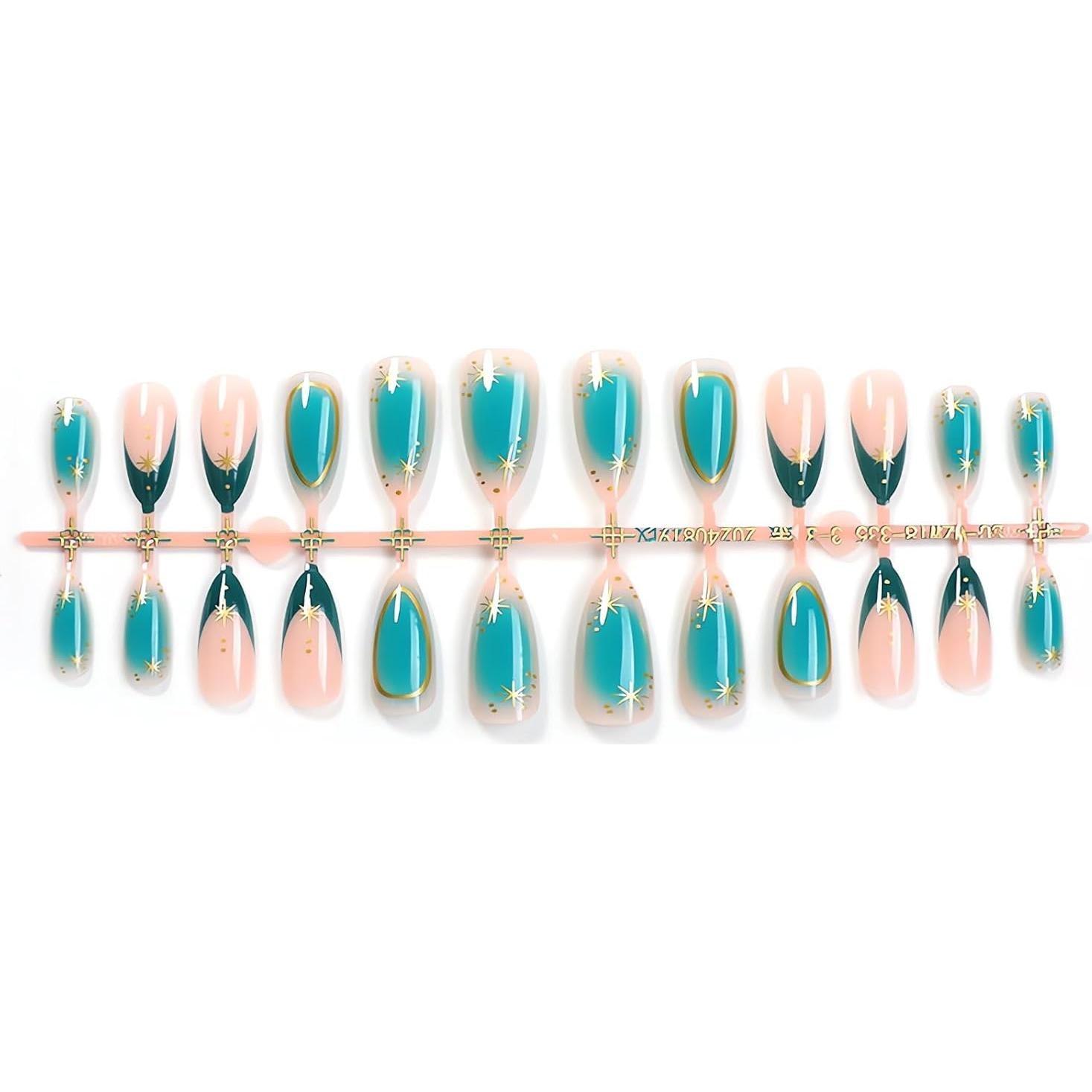 Uñas Postizas Almendra Media OHWODA 24 Piezas Cian Estrellas