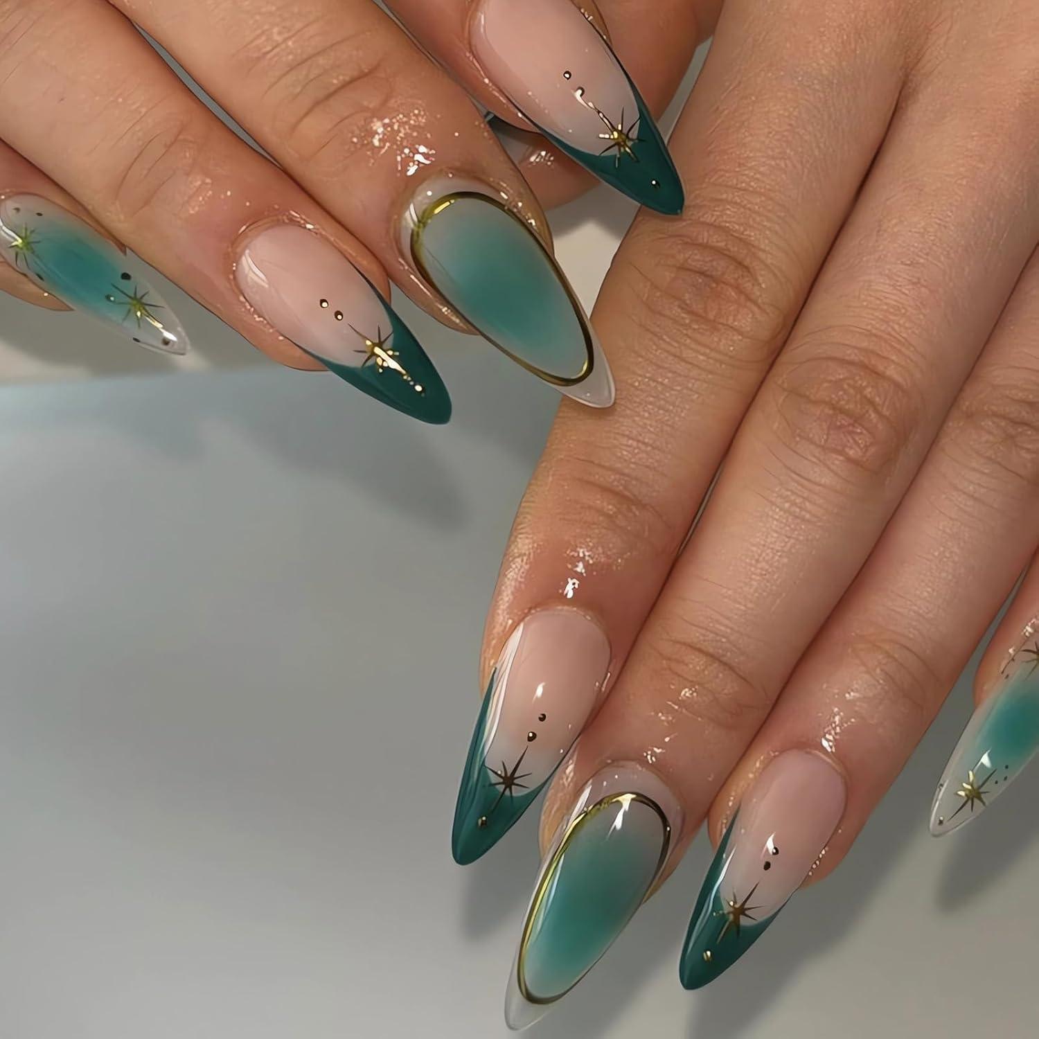 Uñas Postizas Almendra Media OHWODA 24 Piezas Cian Estrellas