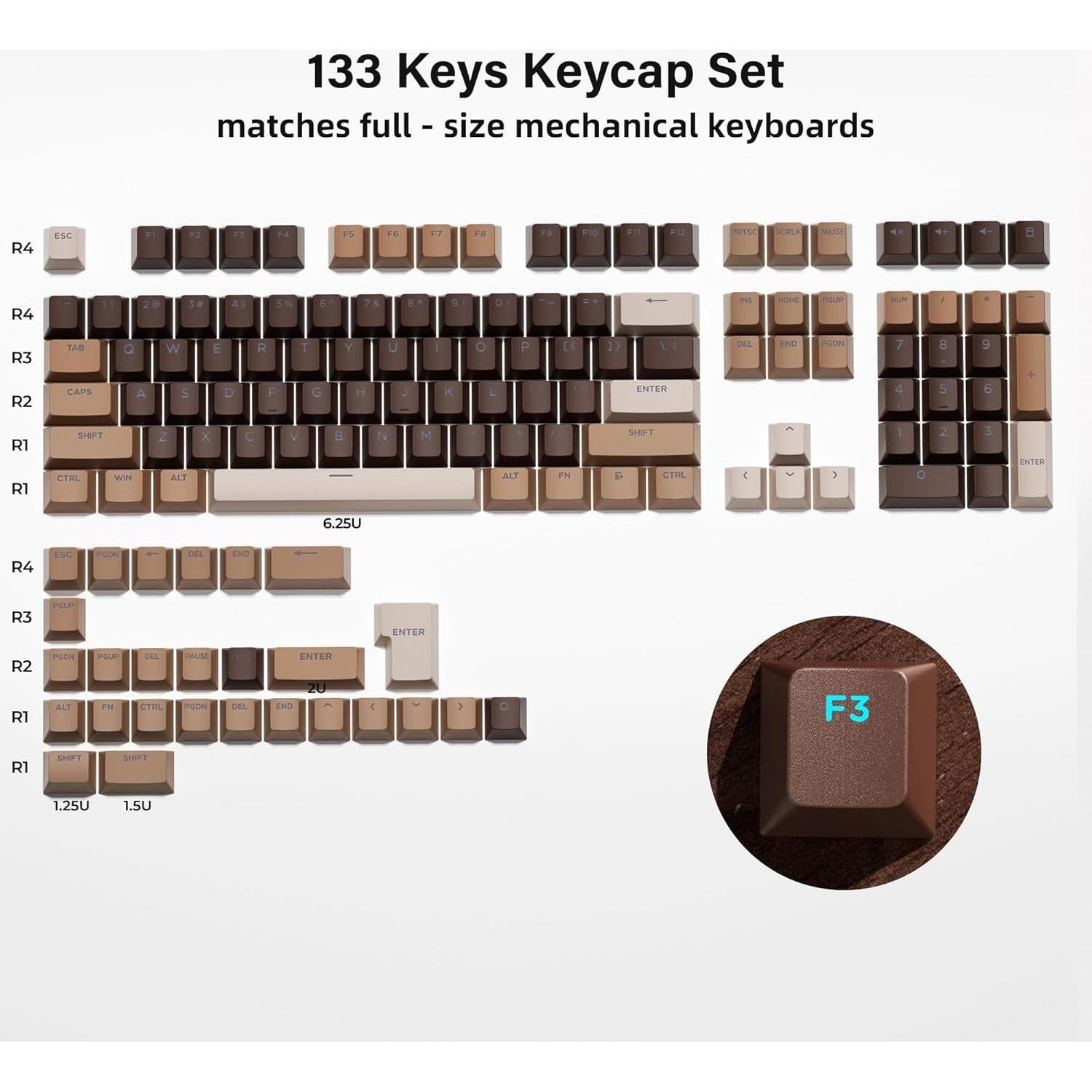 XVX Brillantes Keycaps 133 Teclas PBT Marrón Café Compatible