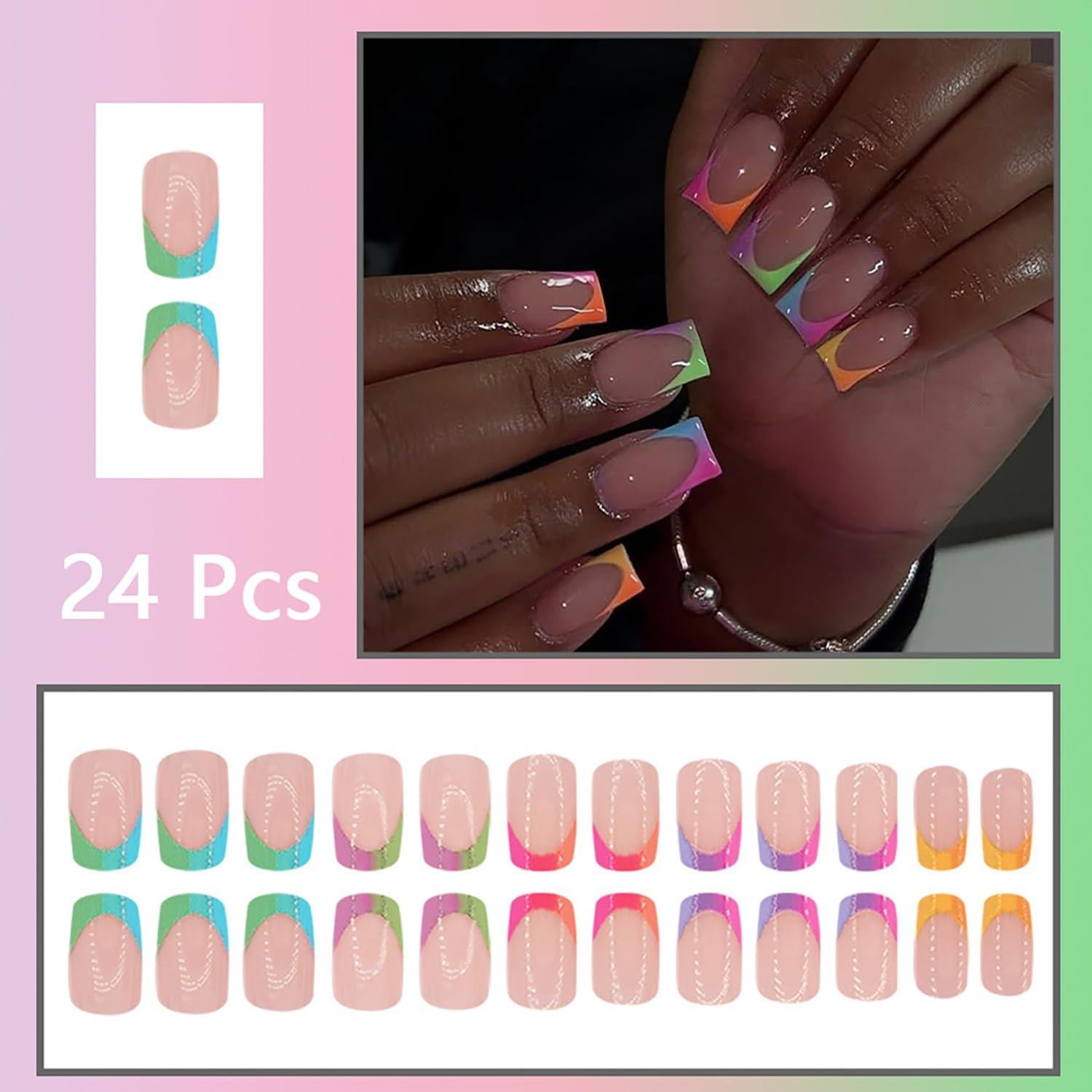24 Piezas Uñas Postizas Francesas Cortas Coloridas NZRAESTRS