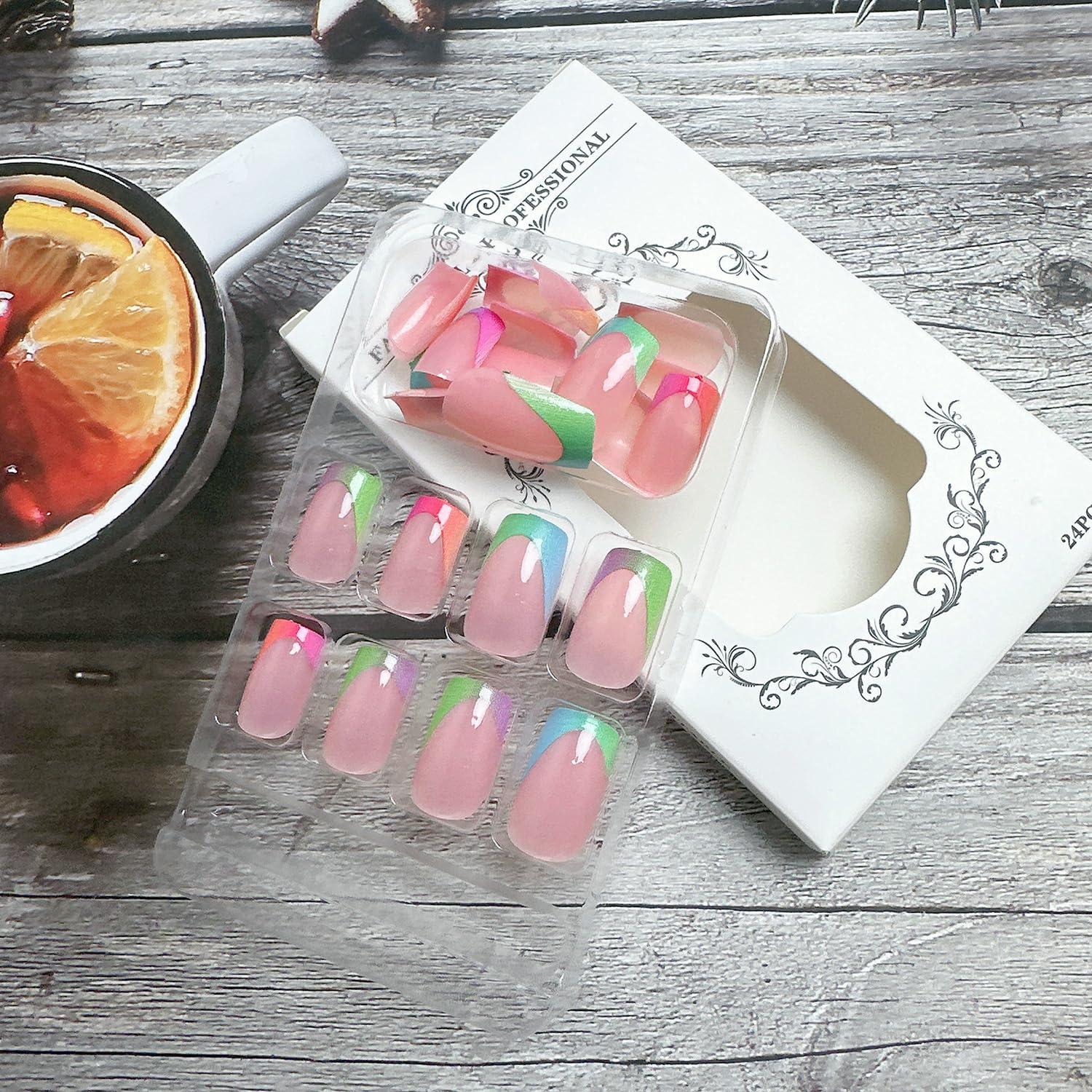 24 Piezas Uñas Postizas Francesas Cortas Coloridas NZRAESTRS