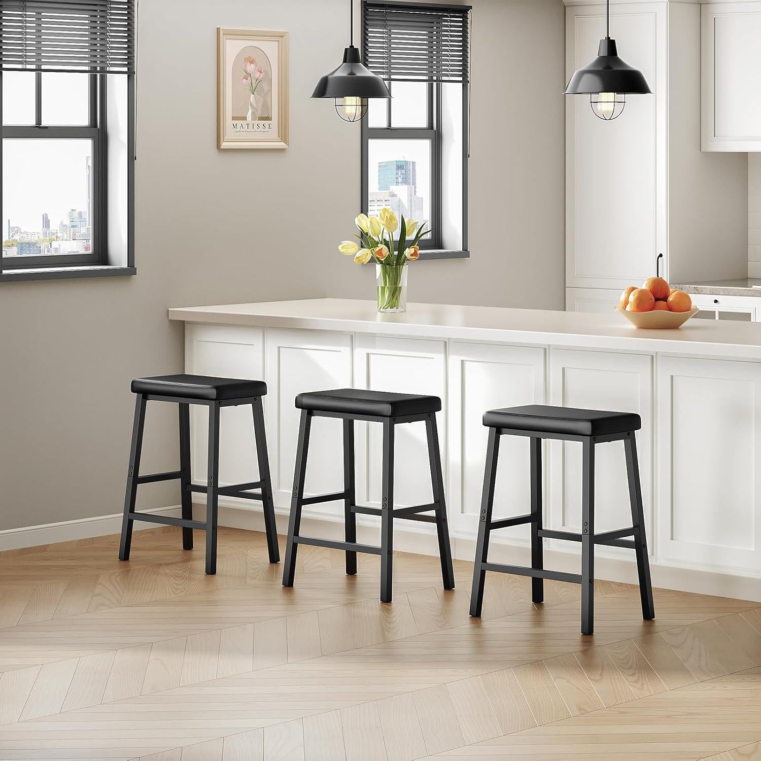 Set de 2 Taburetes de Bar HOOBRO 61 cm Cuero PU Negro