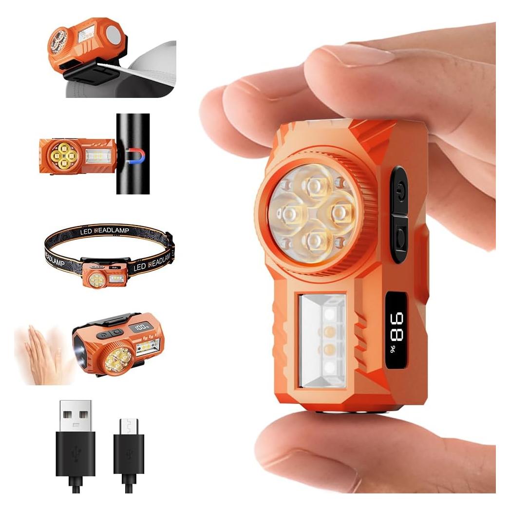 Linterna Frontal Recargable USB-C SHILIPAI 4 LED IPX4 Naranja