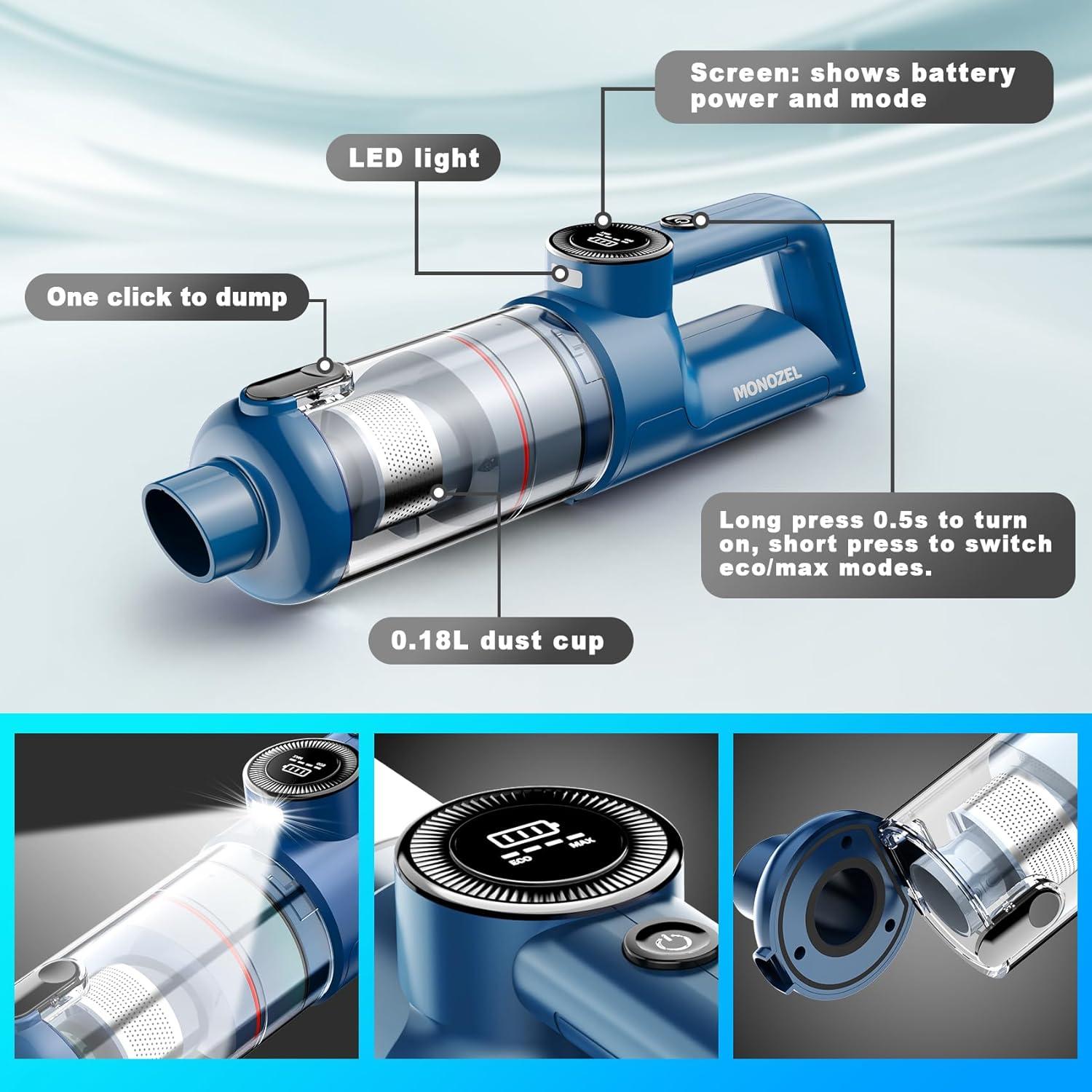 Aspiradora de Mano Inalámbrica MONOZEL VC028 15000Pa HEPA