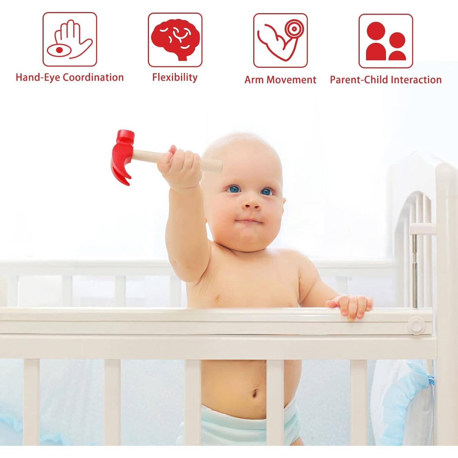 Martillo de Madera Fowecelt para Niños 16.5x7.6cm Rojo