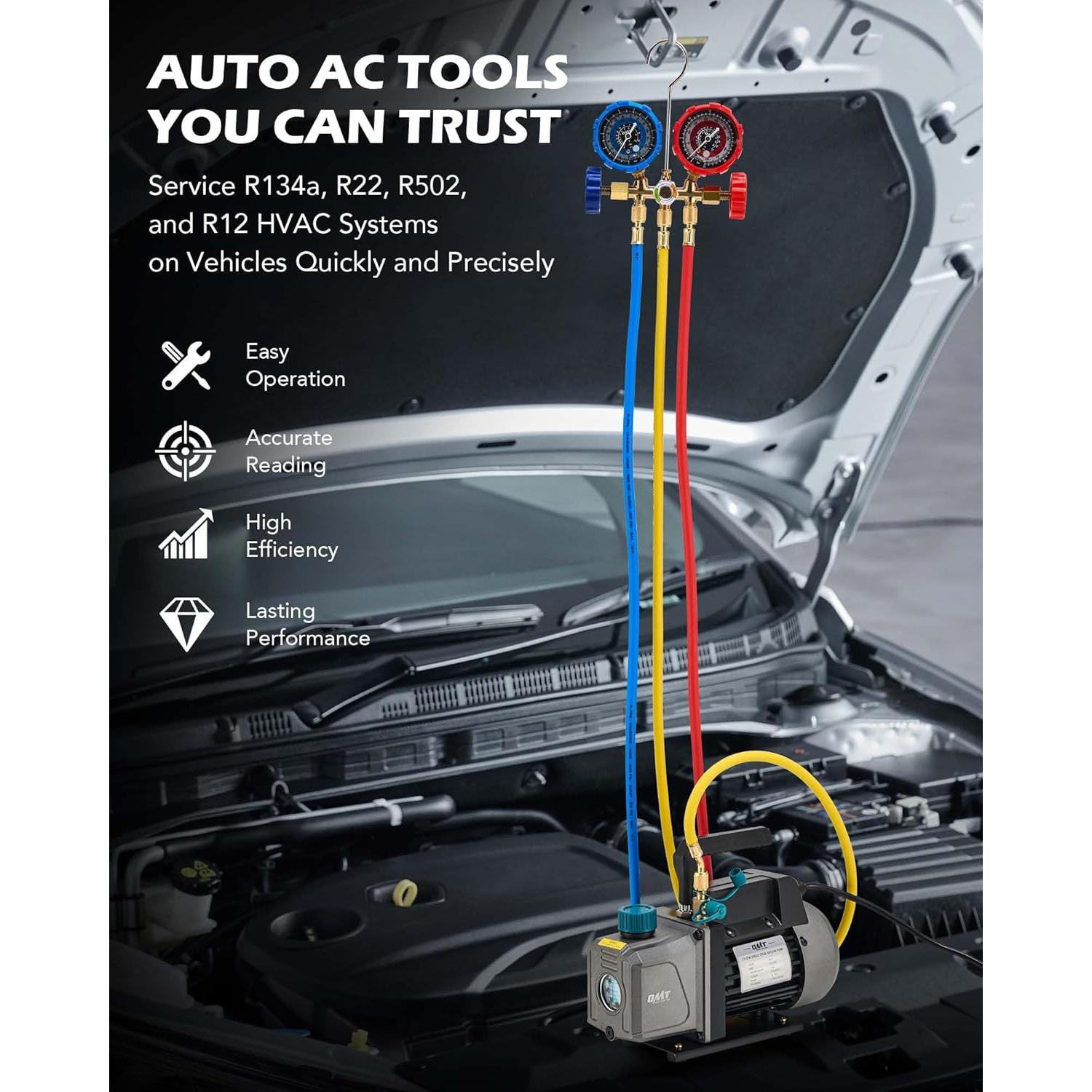 Kit de bomba de vacío y manómetro A/C Orion Motor Tech 3.5 CFM
