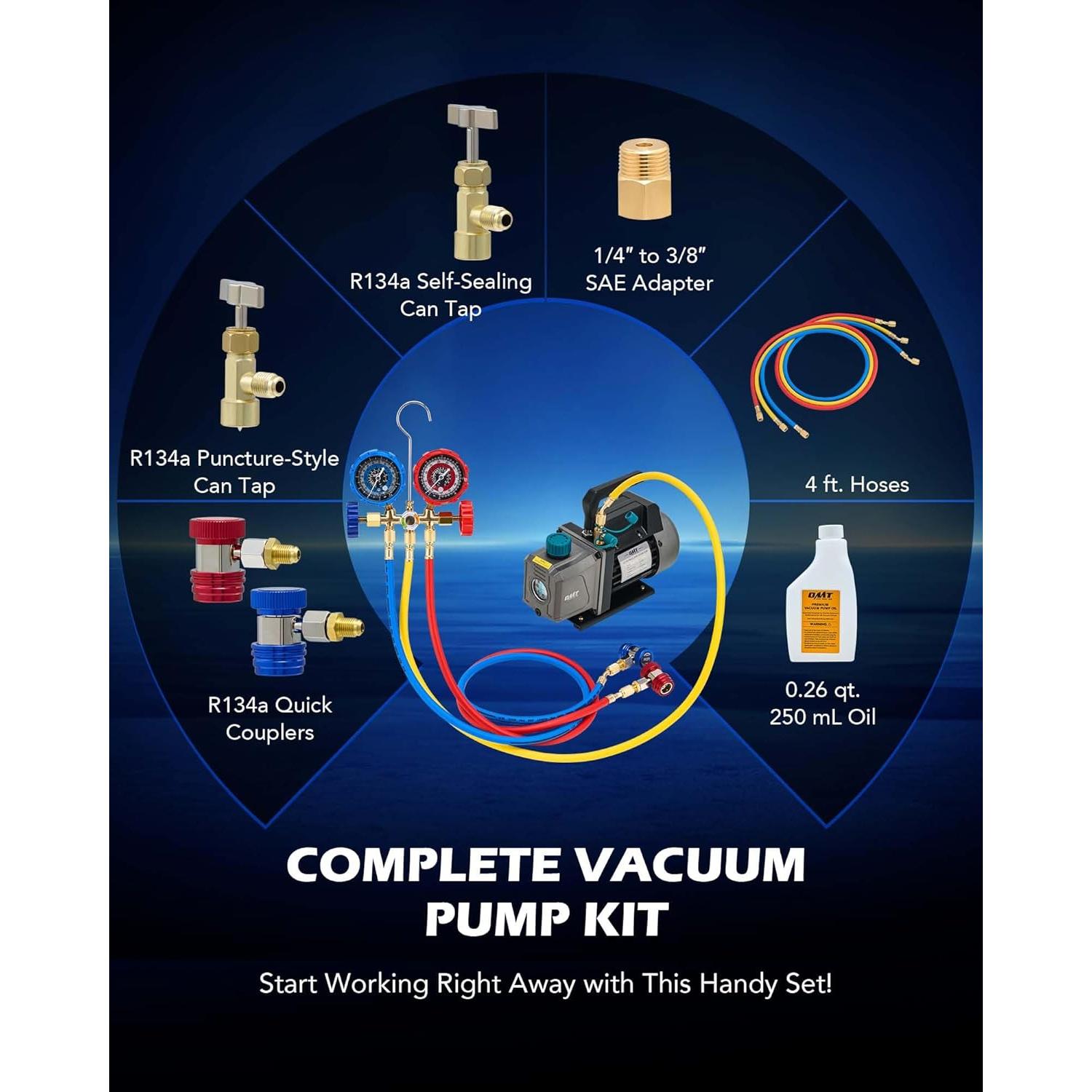 Kit de bomba de vacío y manómetro A/C Orion Motor Tech 3.5 CFM