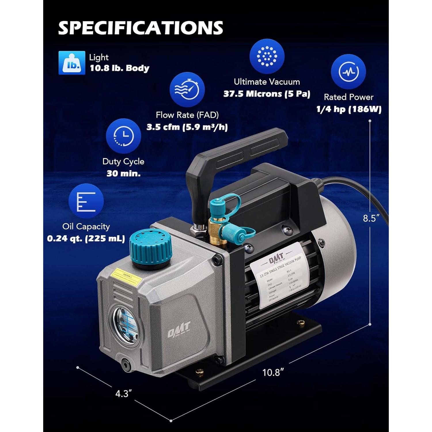 Kit de bomba de vacío y manómetro A/C Orion Motor Tech 3.5 CFM