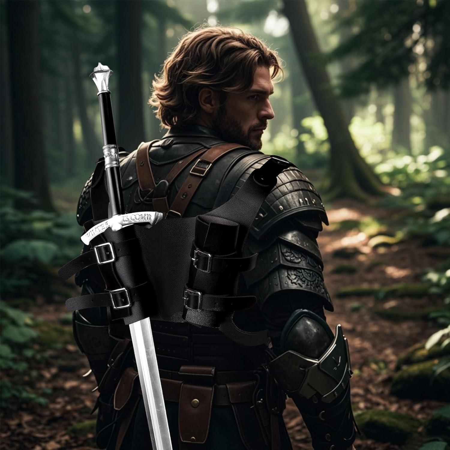 Funda Doble de Espada Medieval Pistha - Cuero Sintético Negro