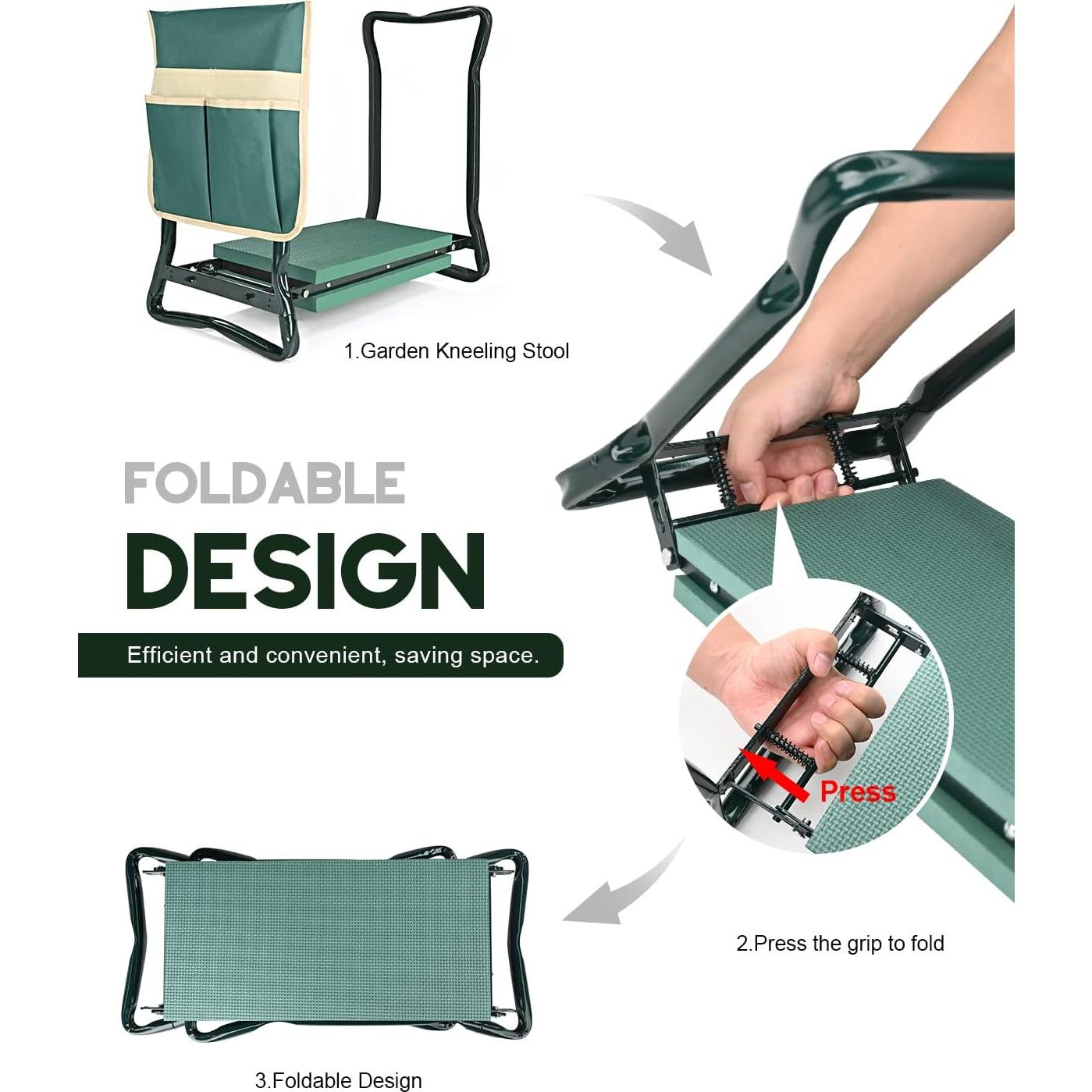 Banco de Jardín Plegable KVR con Asiento y Bolsa de Herramientas