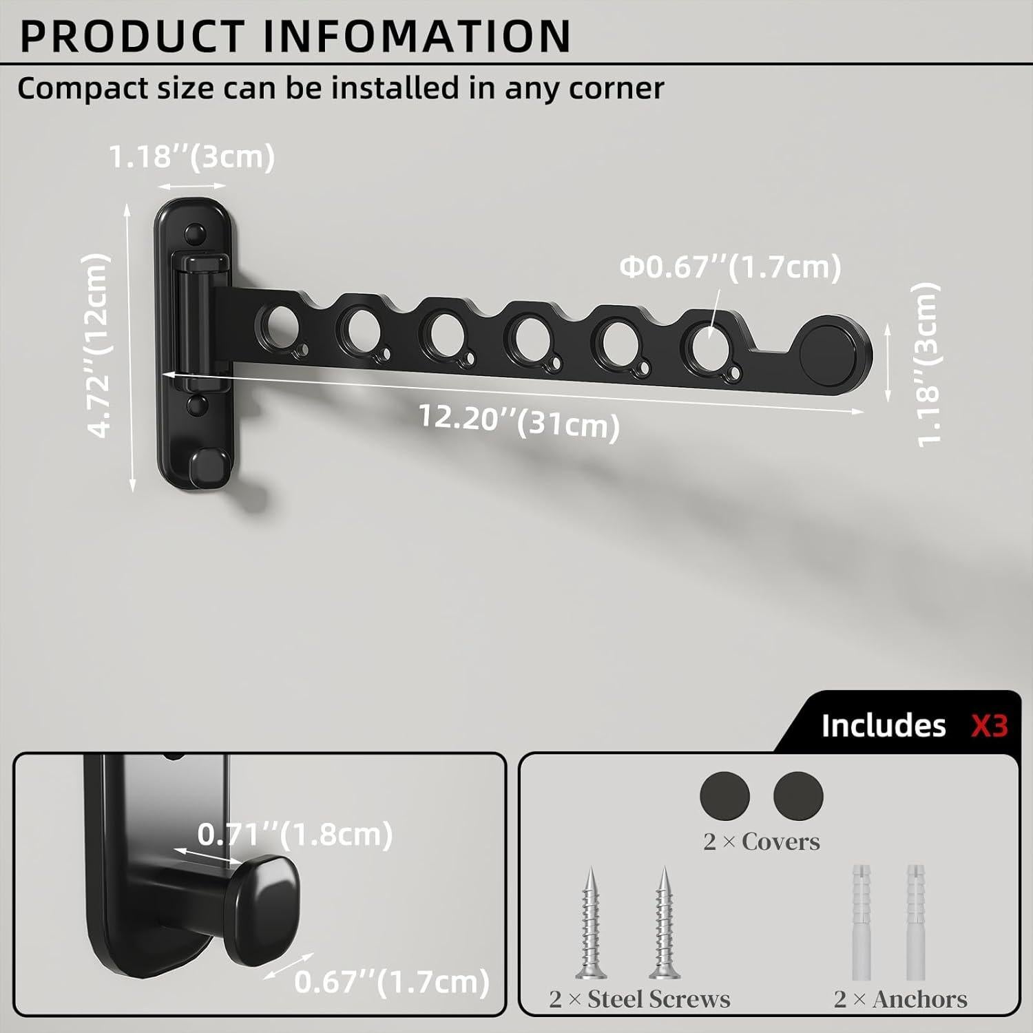 Perchero Plegable Montado en Pared Dancrul 6 Agujeros Negro