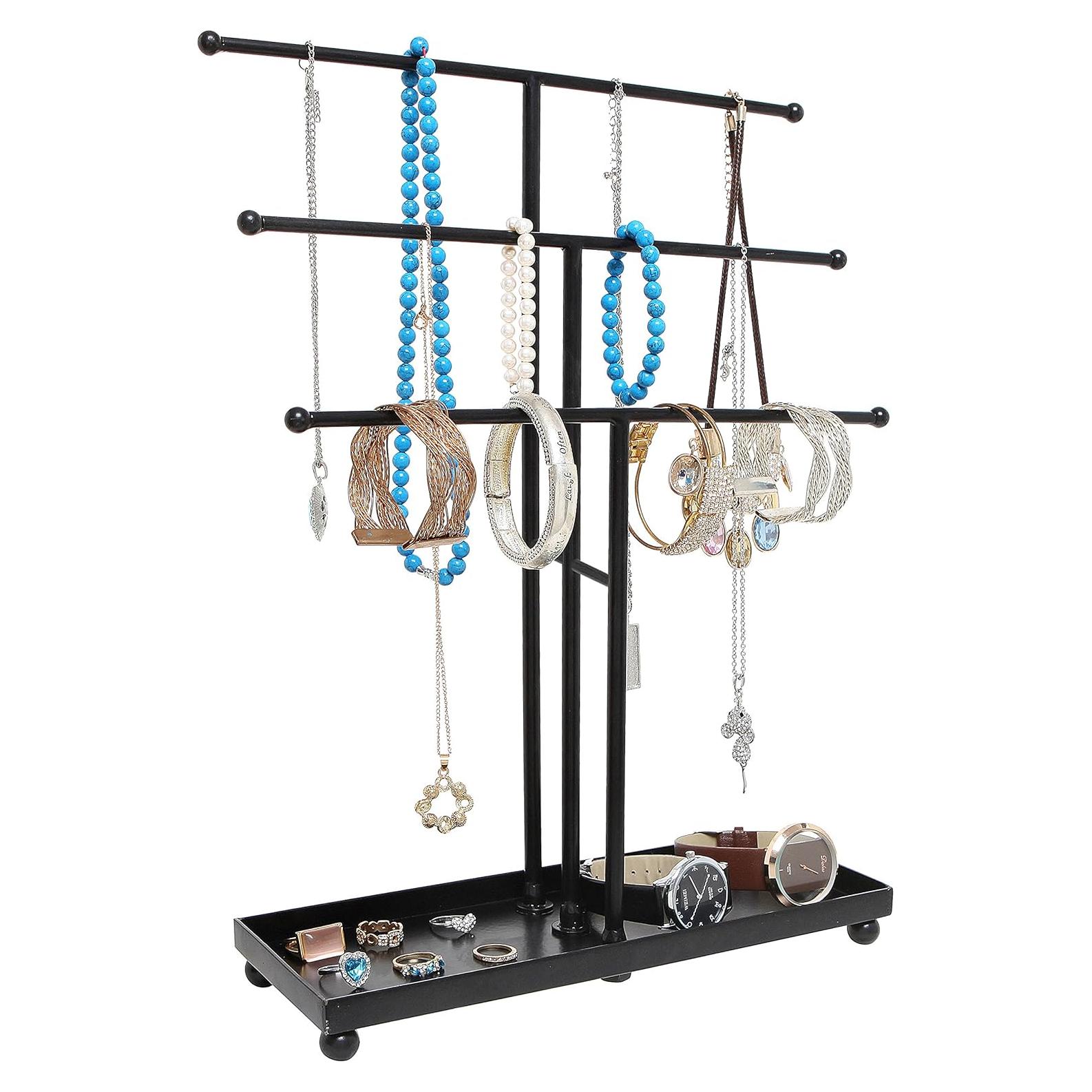 Organizador de Joyería MyGift, Metal Negro 3 Niveles con Bandeja