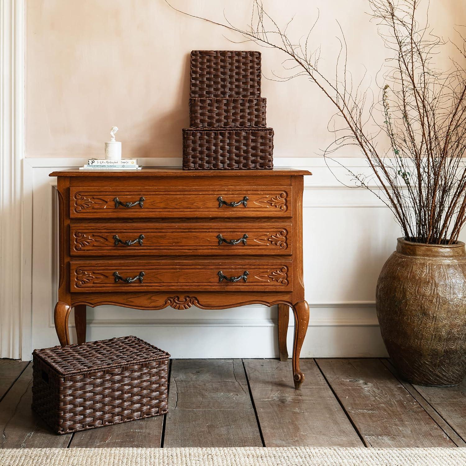 Cestas de Mimbre con Tapa GRANNY DICE - Juego de 3, Marrón