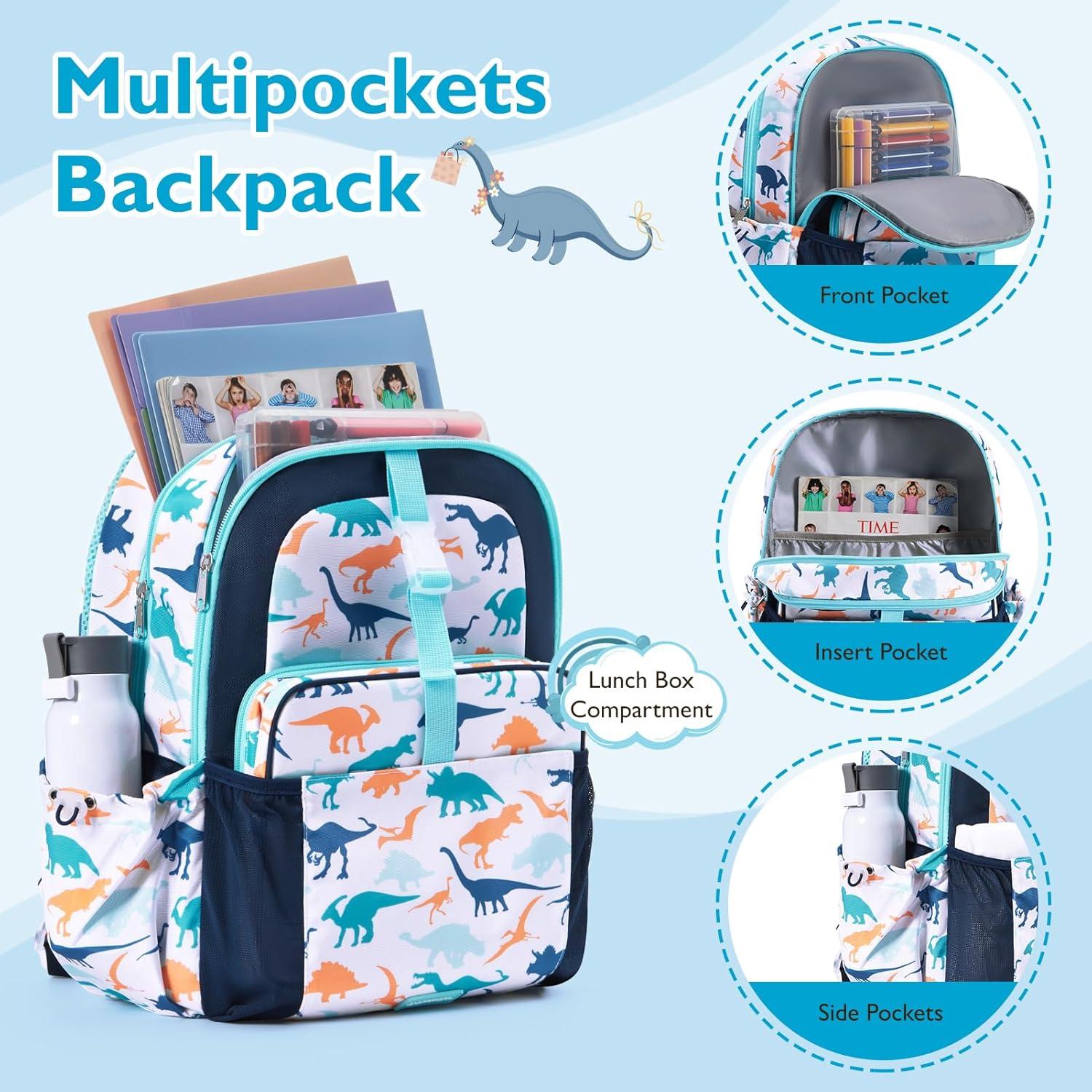 Mochila Ligera para Niños Mommore con Caja de Almuerzo Dinosaurio Azul