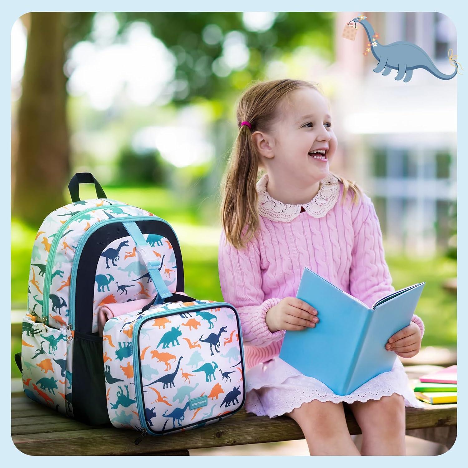 Mochila Ligera para Niños Mommore con Caja de Almuerzo Dinosaurio Azul