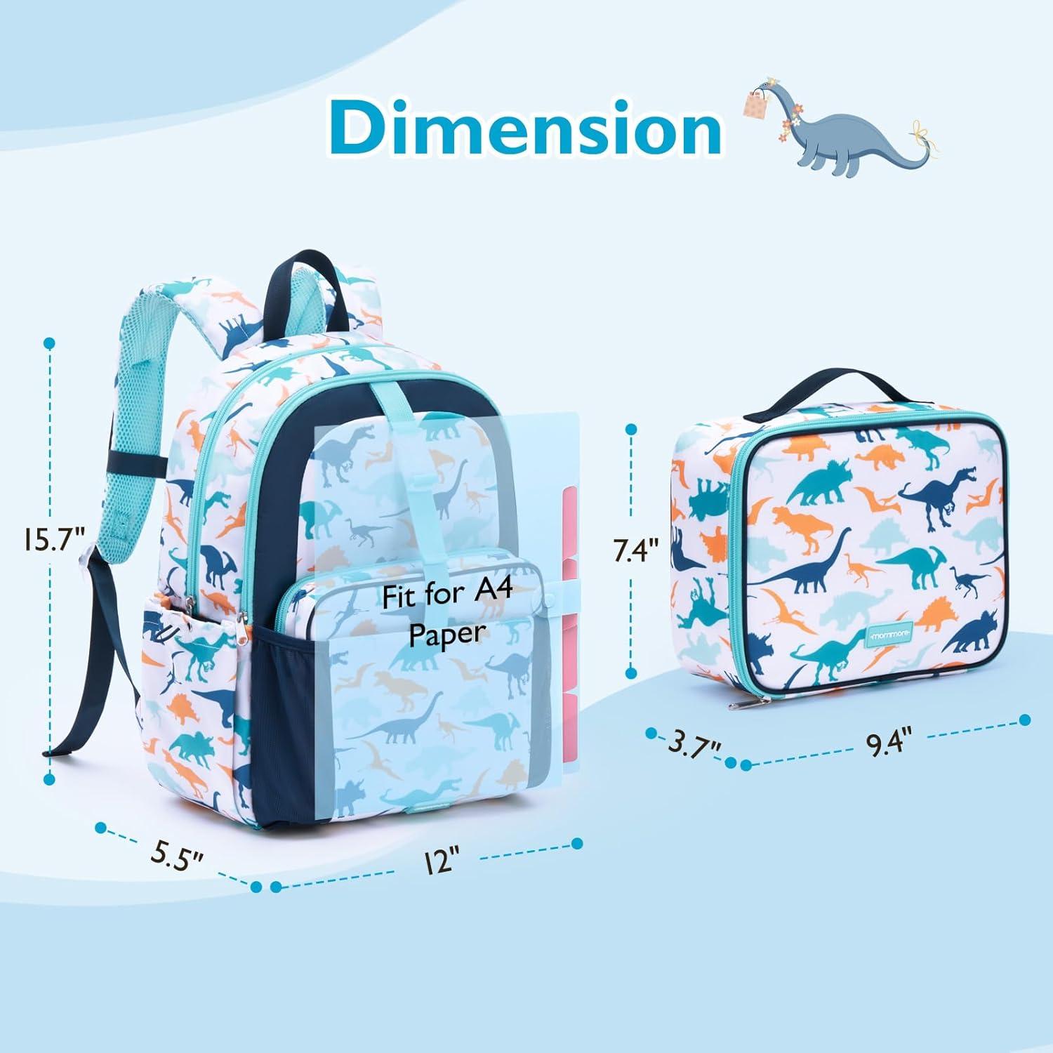 Mochila Ligera para Niños Mommore con Caja de Almuerzo Dinosaurio Azul