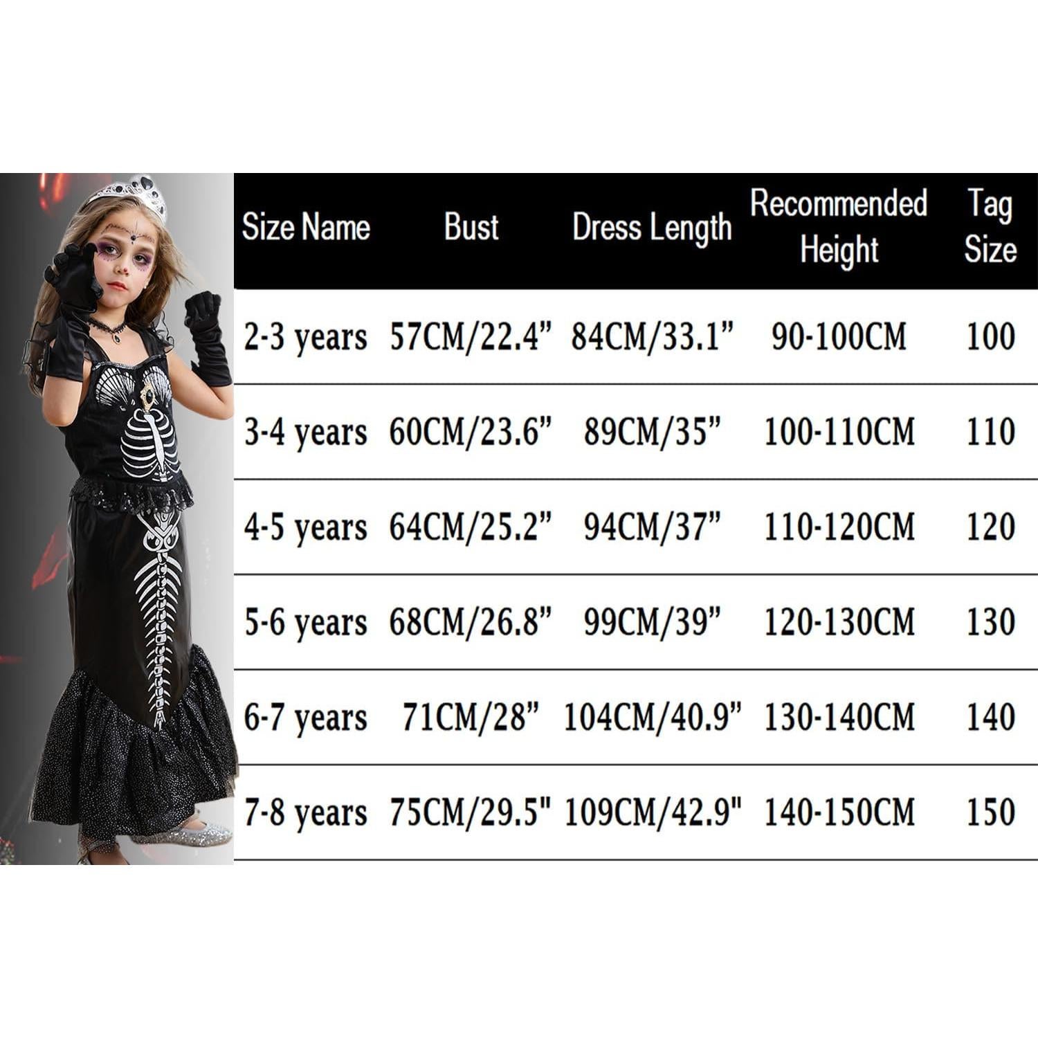 Disfraz de Sirena Esqueleto Negro para Niñas 2-8 Años